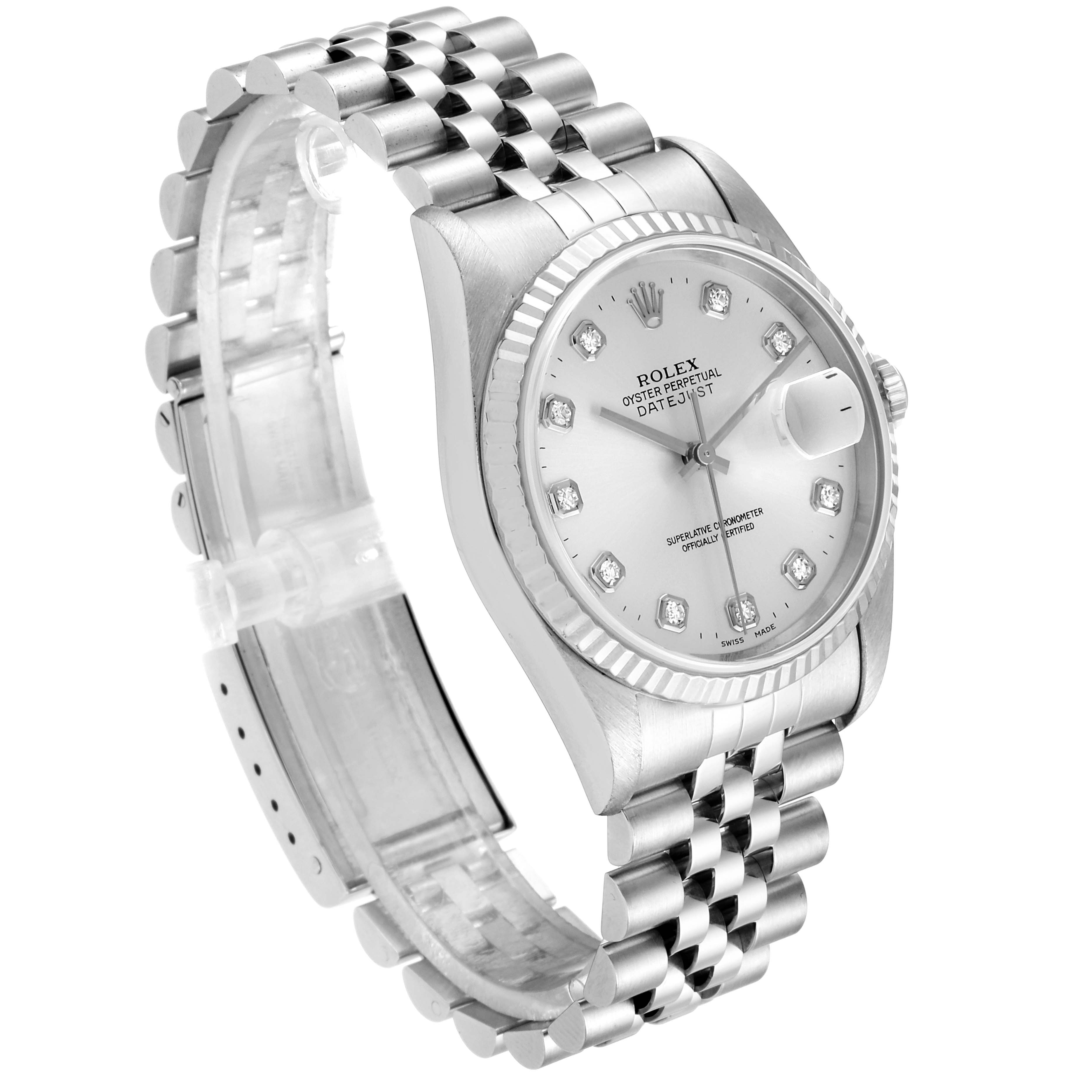 The image displays a Rolex Datejust 16234 Men's Stainless Steel Silver Dial 16234 Men's Stainless Steel Silver Dial watch from a slightly angled side view, showing the dial, fluted bezel, and Jubilee bracelet.