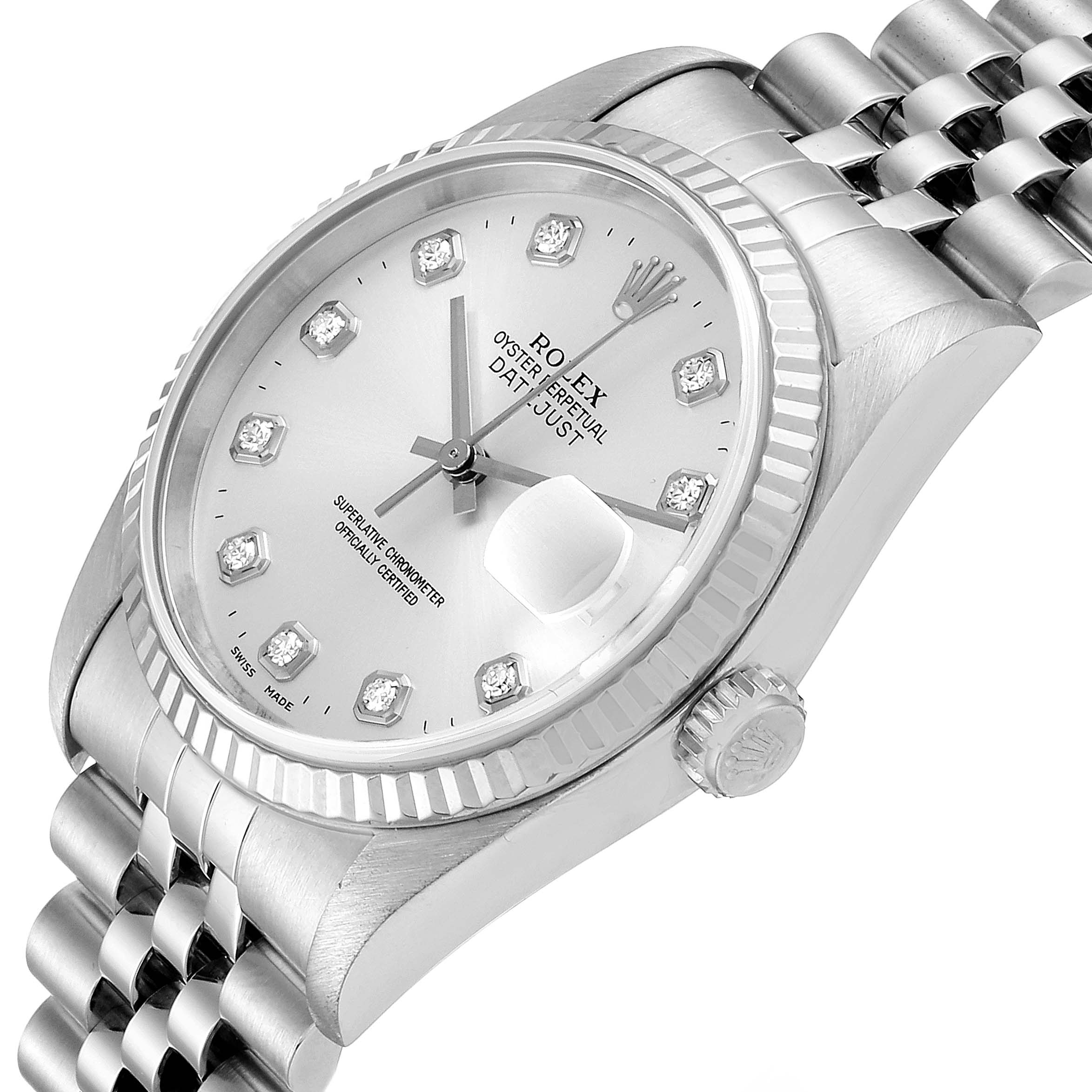 The image shows a close-up, angled view of the face, bezel, dial, crown, and part of the bracelet of a Rolex Datejust 16234 Men's Stainless Steel Silver Dial 16234 Men's Stainless Steel Silver Dial watch.