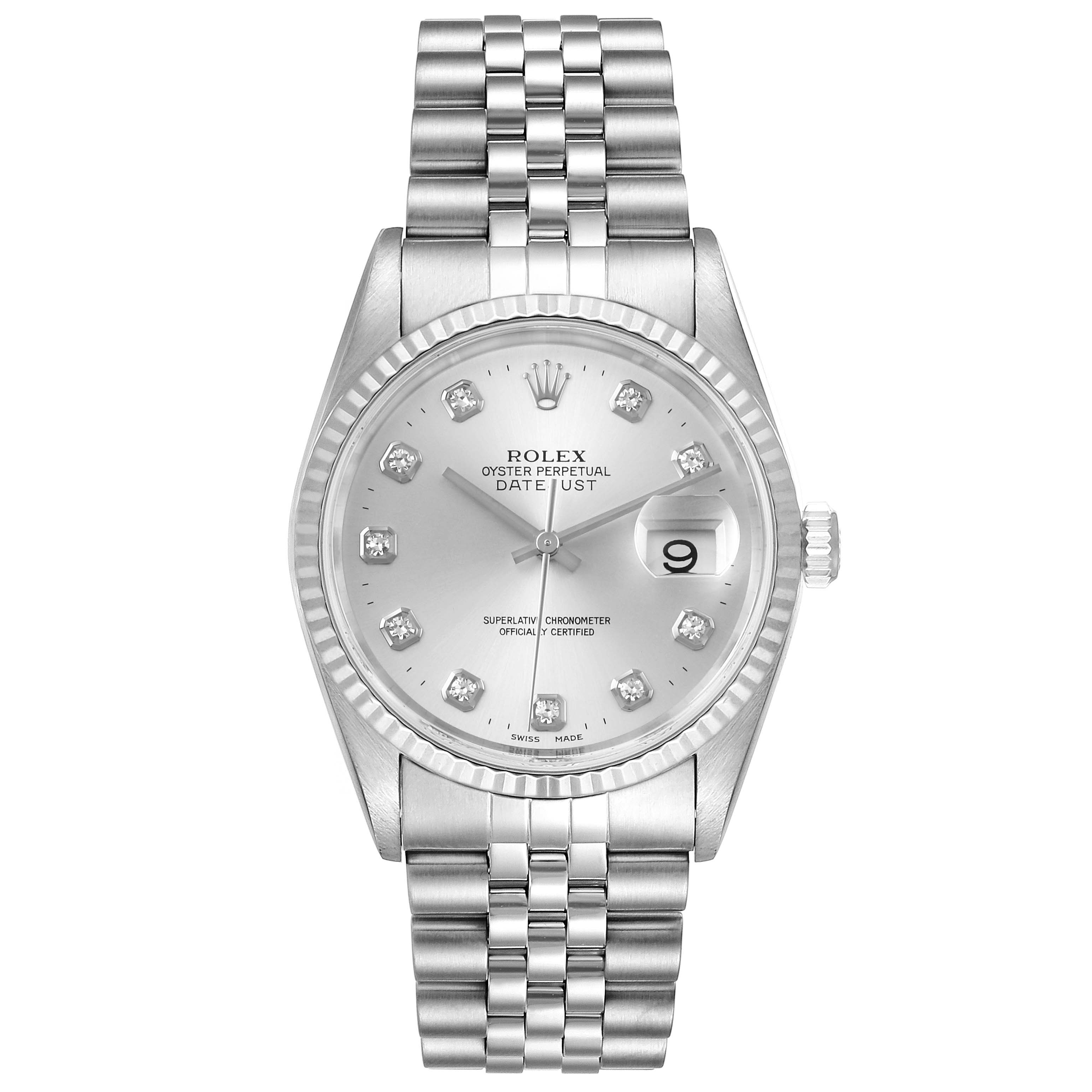 The image shows a front view of the Rolex Datejust 16234 Men's Stainless Steel Silver Dial 16234 Men's Stainless Steel Silver Dial watch, featuring a silver dial with diamond hour markers and a Jubilee bracelet.