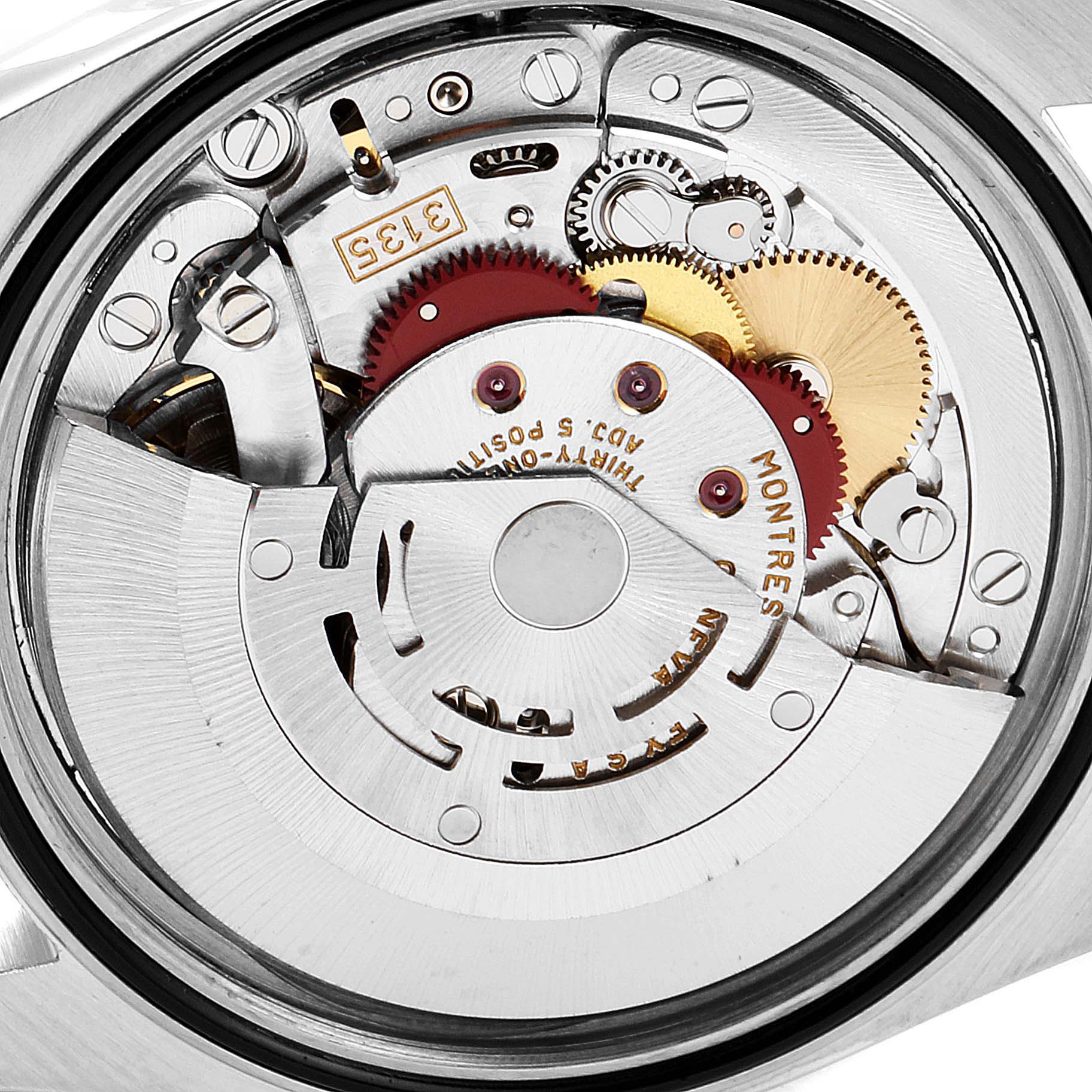 This is an internal view of the Rolex Datejust 16234 Men's Stainless Steel Silver Dial 16234 Men's Stainless Steel Silver Dial model's movement, showcasing intricate gears and mechanical components.