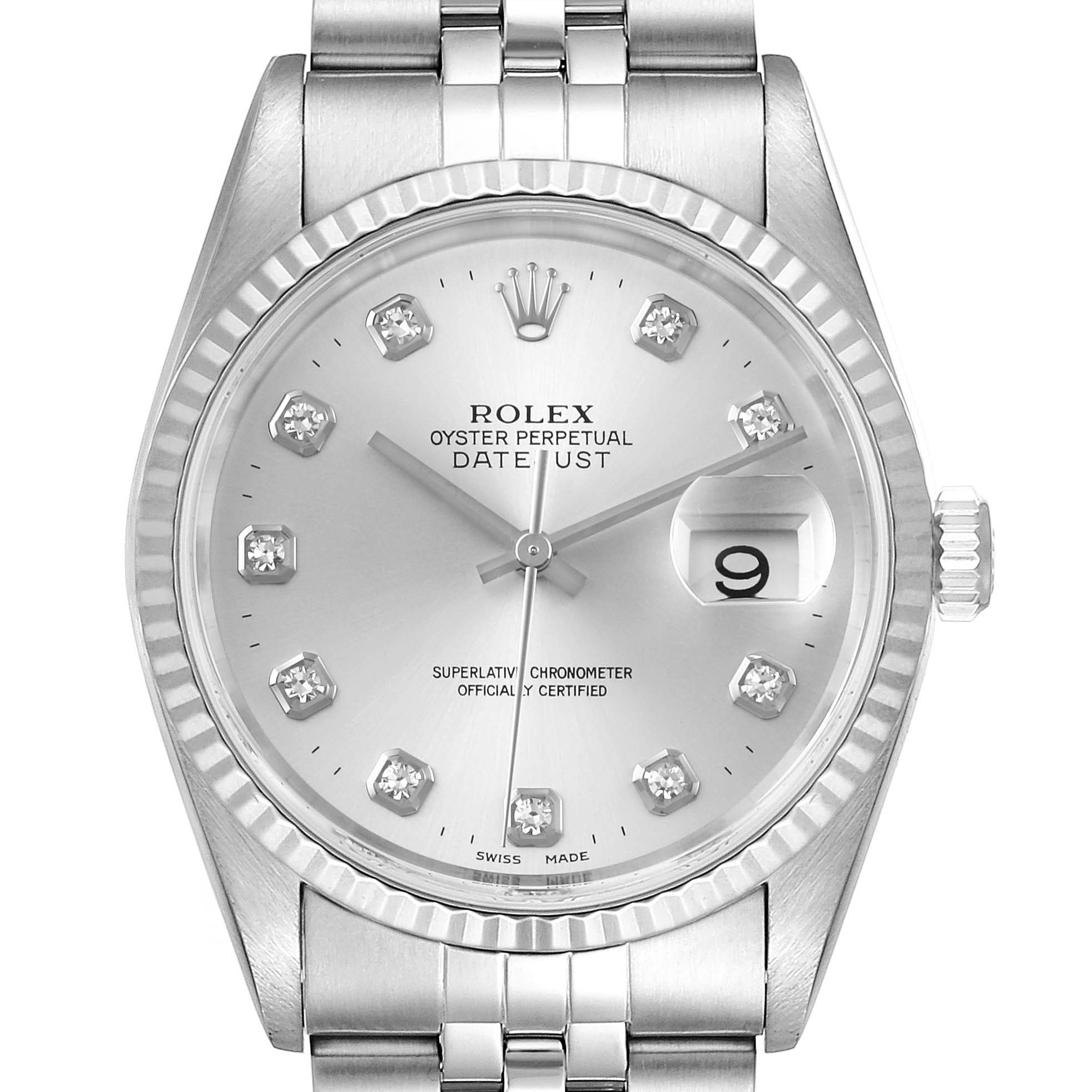 The Rolex Datejust 16234 Men's Stainless Steel Silver Dial 16234 Men's Stainless Steel Silver Dial watch is shown from the front, highlighting the dial, bezel, crown, and part of the bracelet.