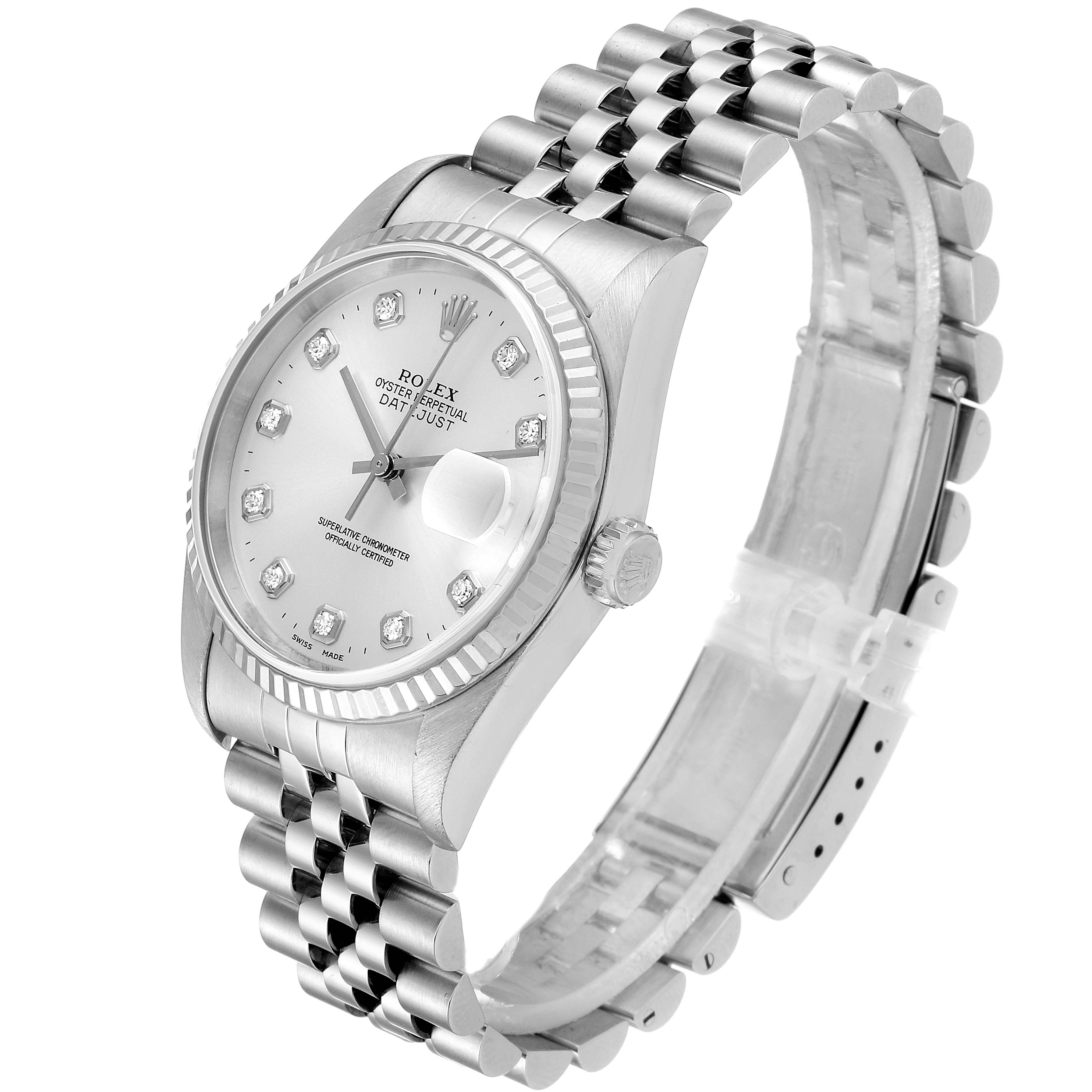 This image shows a Rolex Datejust 16234 Men's Stainless Steel Silver Dial 16234 Men's Stainless Steel Silver Dial watch angled slightly from the front-left, highlighting its face, bezel, and bracelet.