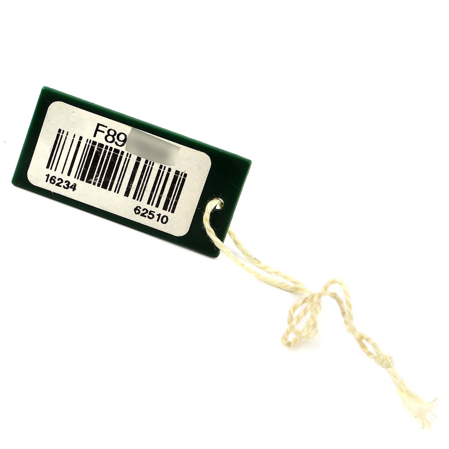 The image shows a green tag with a barcode and string attached, associated with a Rolex Datejust 16234 Men's Stainless Steel Silver Dial 16234 Men's Stainless Steel Silver Dial model watch.