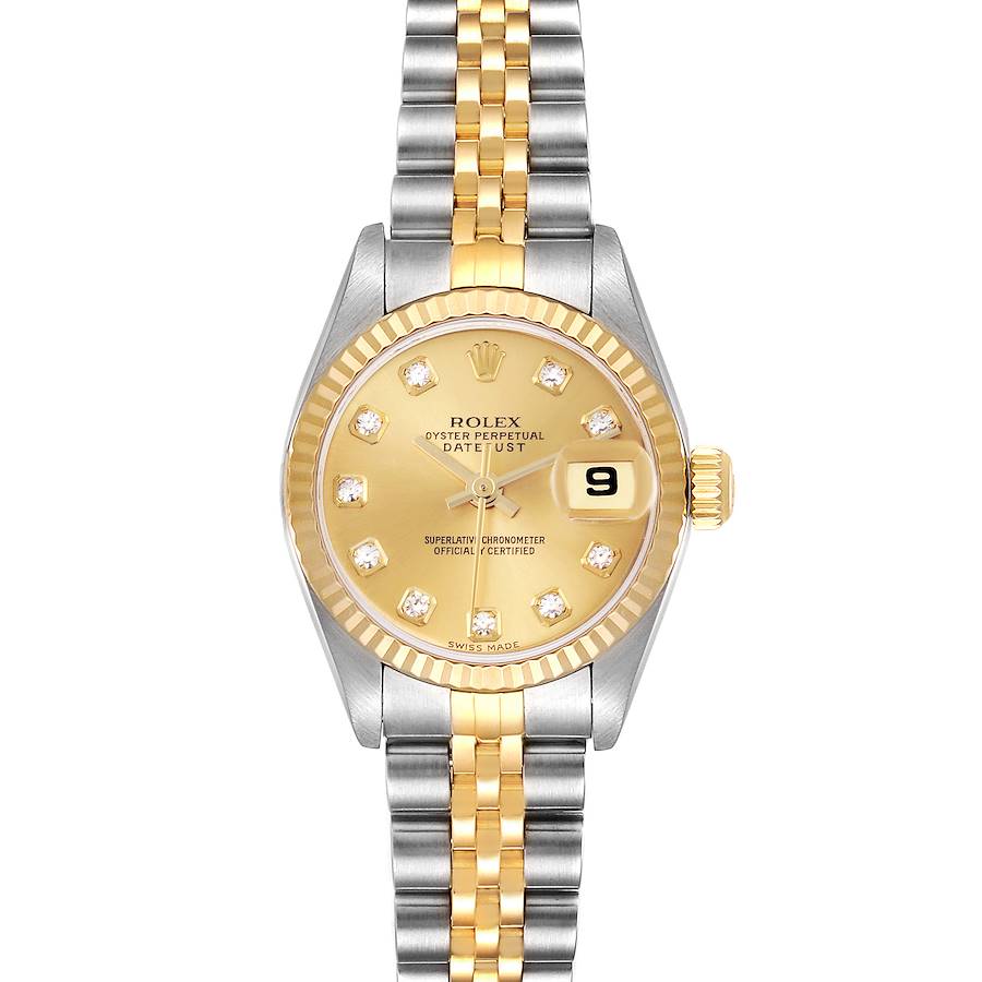 The Rolex Datejust watch is shown from a top-down angle, highlighting the face, bezel, and bracelet.