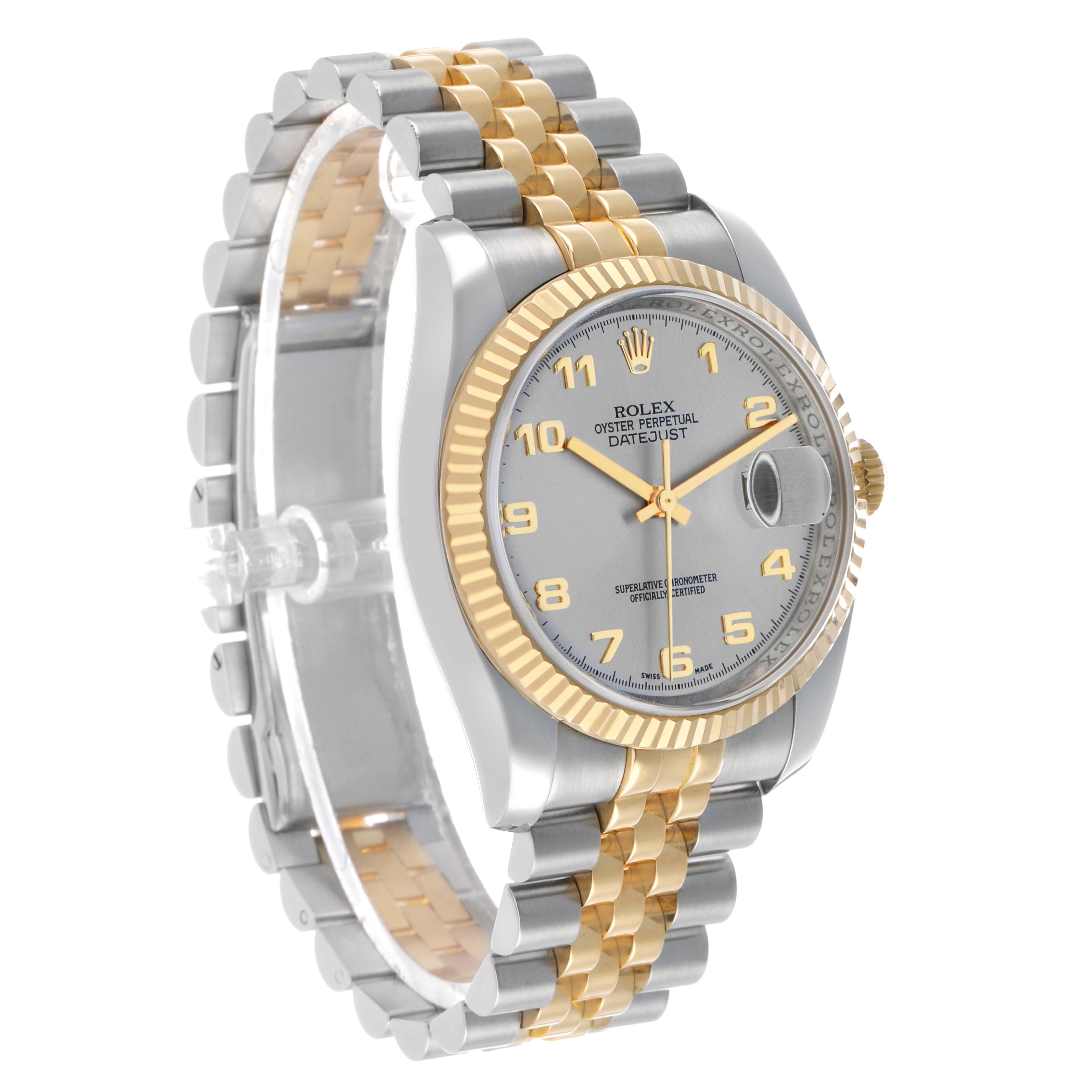 The Rolex Datejust 116233 Men's Stainless Steel Grey Dial watch is shown at a three-quarter angle, highlighting the face, bezel, crown, and bracelet.