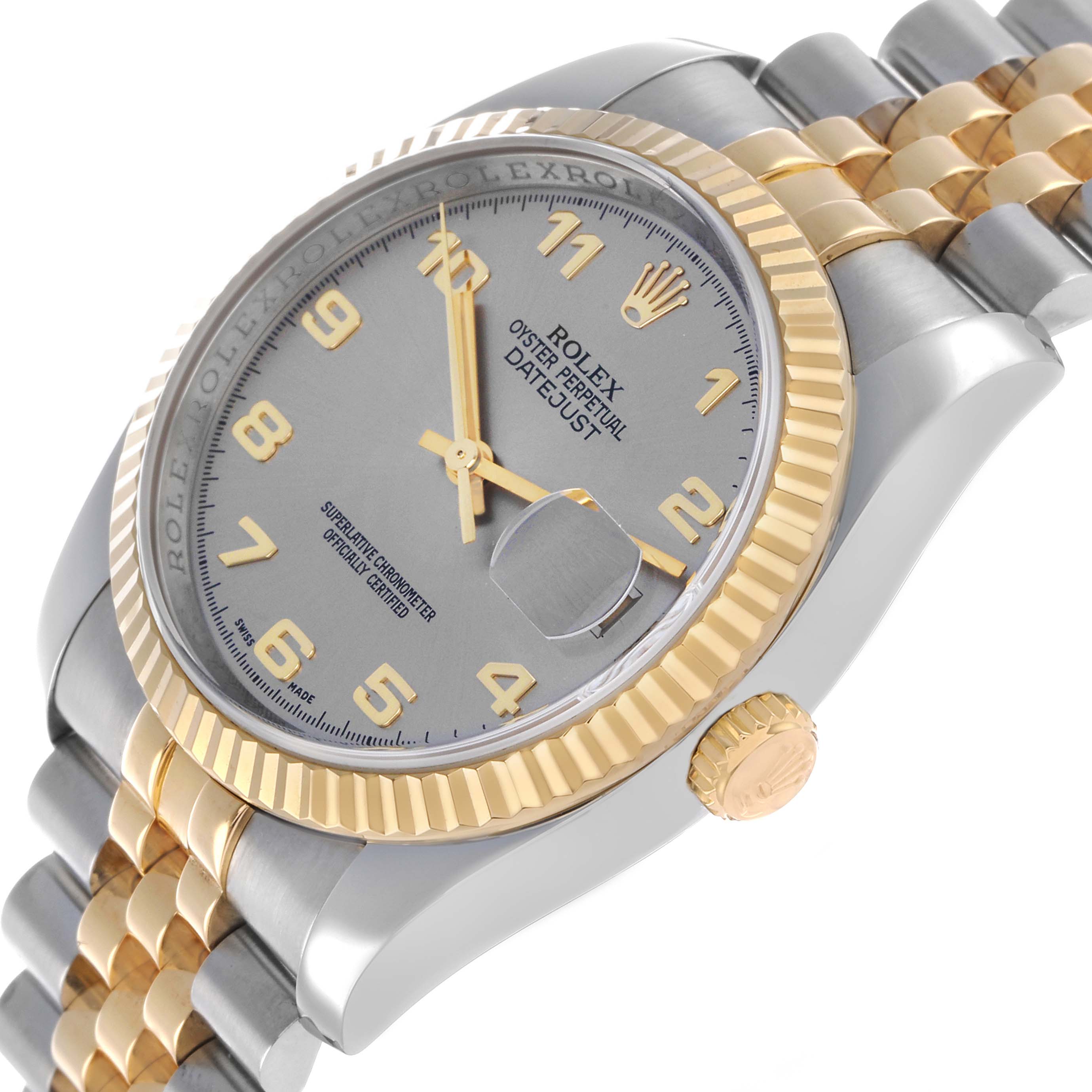 The Rolex Datejust 116233 Men's Stainless Steel Grey Dial watch is shown from a slightly angled side view, featuring its dial, bezel, and bracelet.