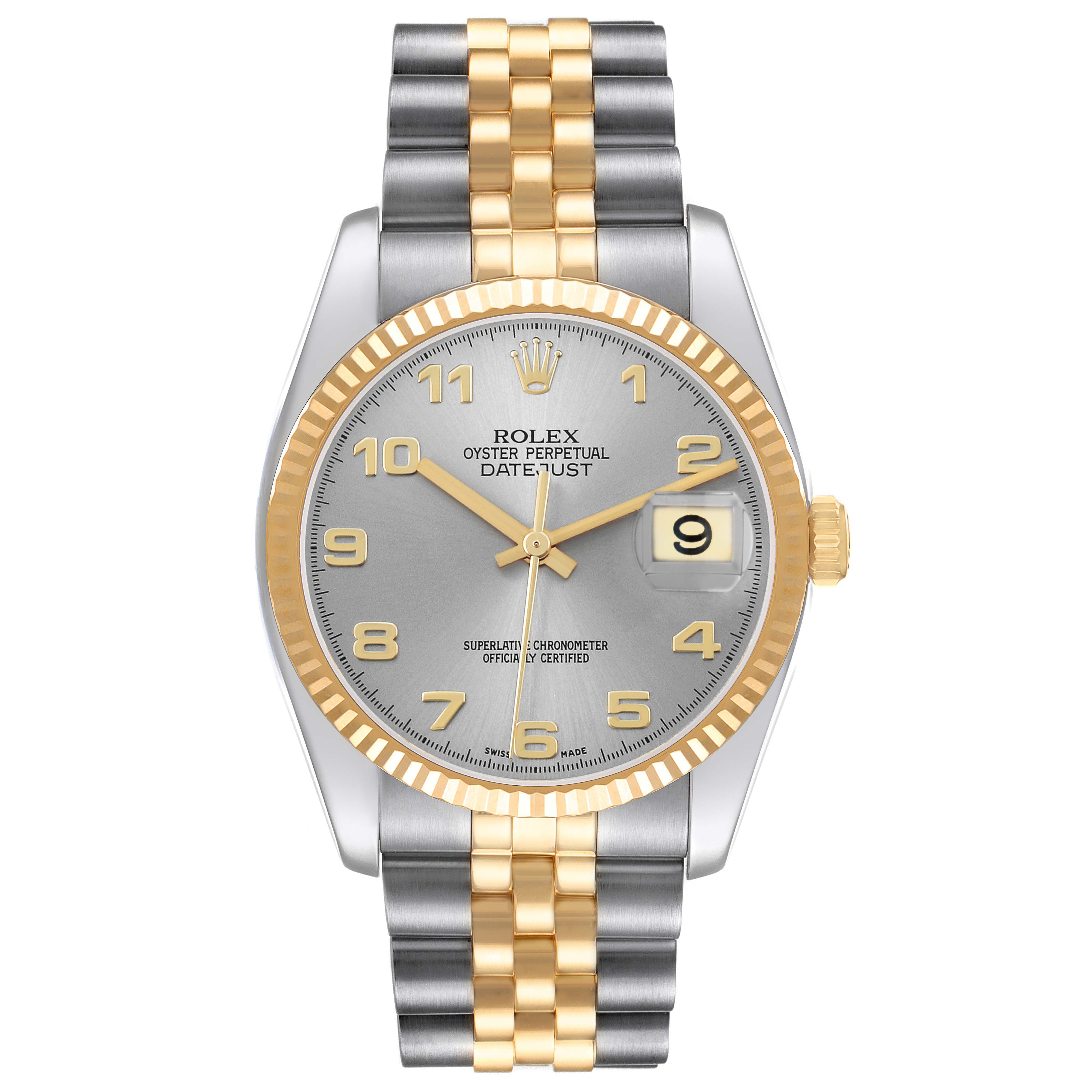 The Rolex Datejust 116233 Men's Stainless Steel Grey Dial watch is shown from a front angle, displaying its dial, bezel, and bracelet clearly.