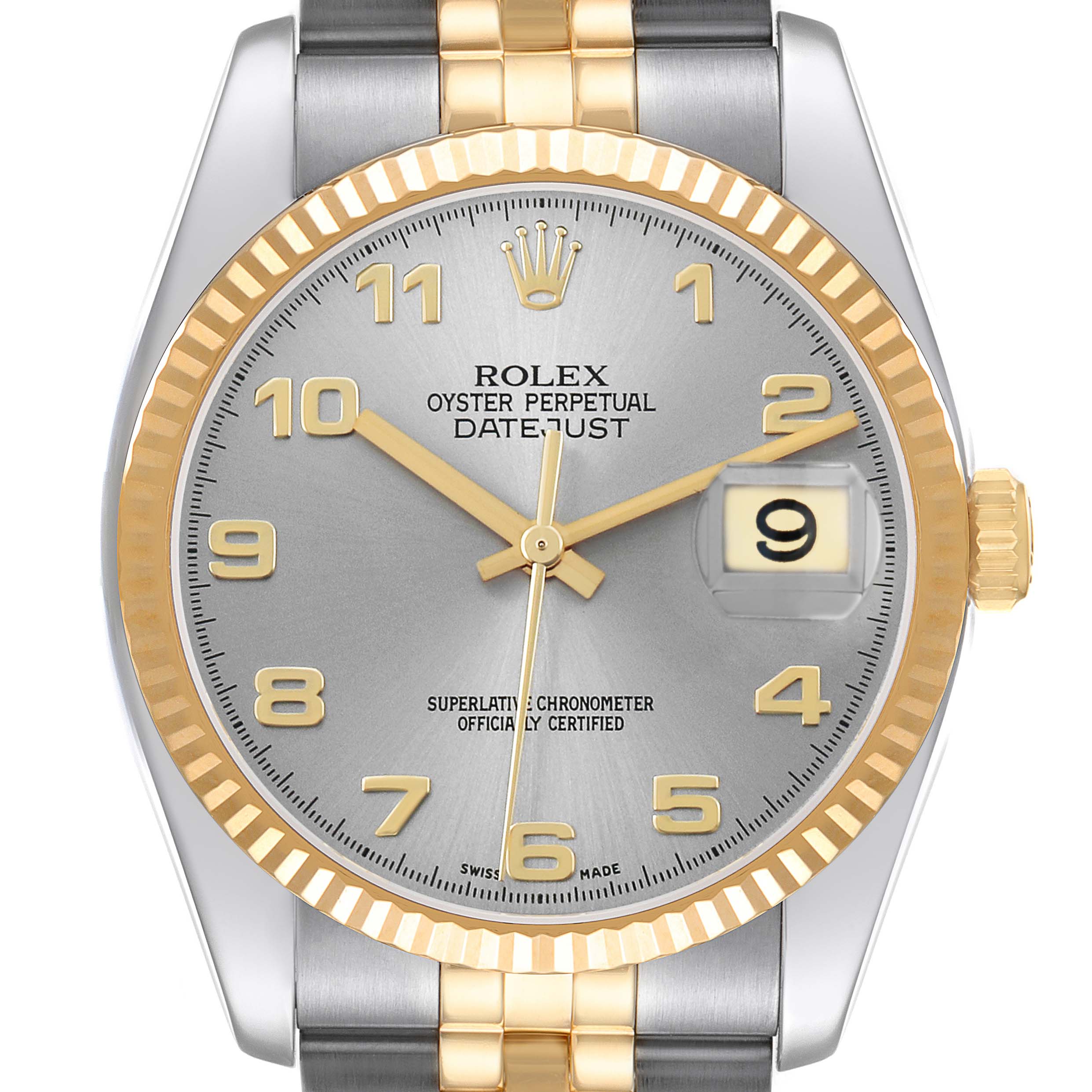 The image shows a front view of a Rolex Datejust 116233 Men's Stainless Steel Grey Dial, highlighting the dial, bezel, and two-tone bracelet.