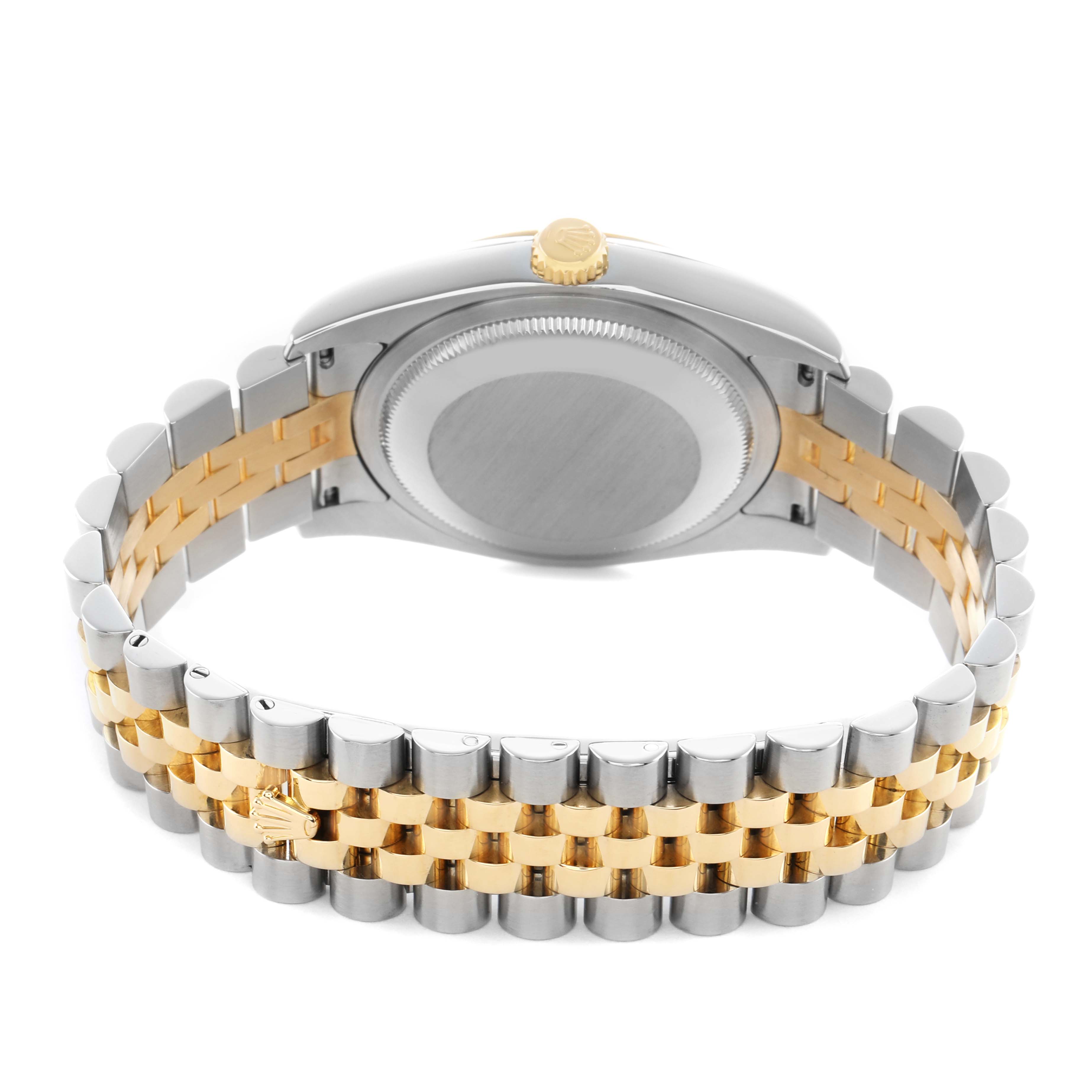 The image shows the back of a Rolex Datejust 116233 Men's Stainless Steel Grey Dial watch, highlighting the two-tone bracelet and case back.