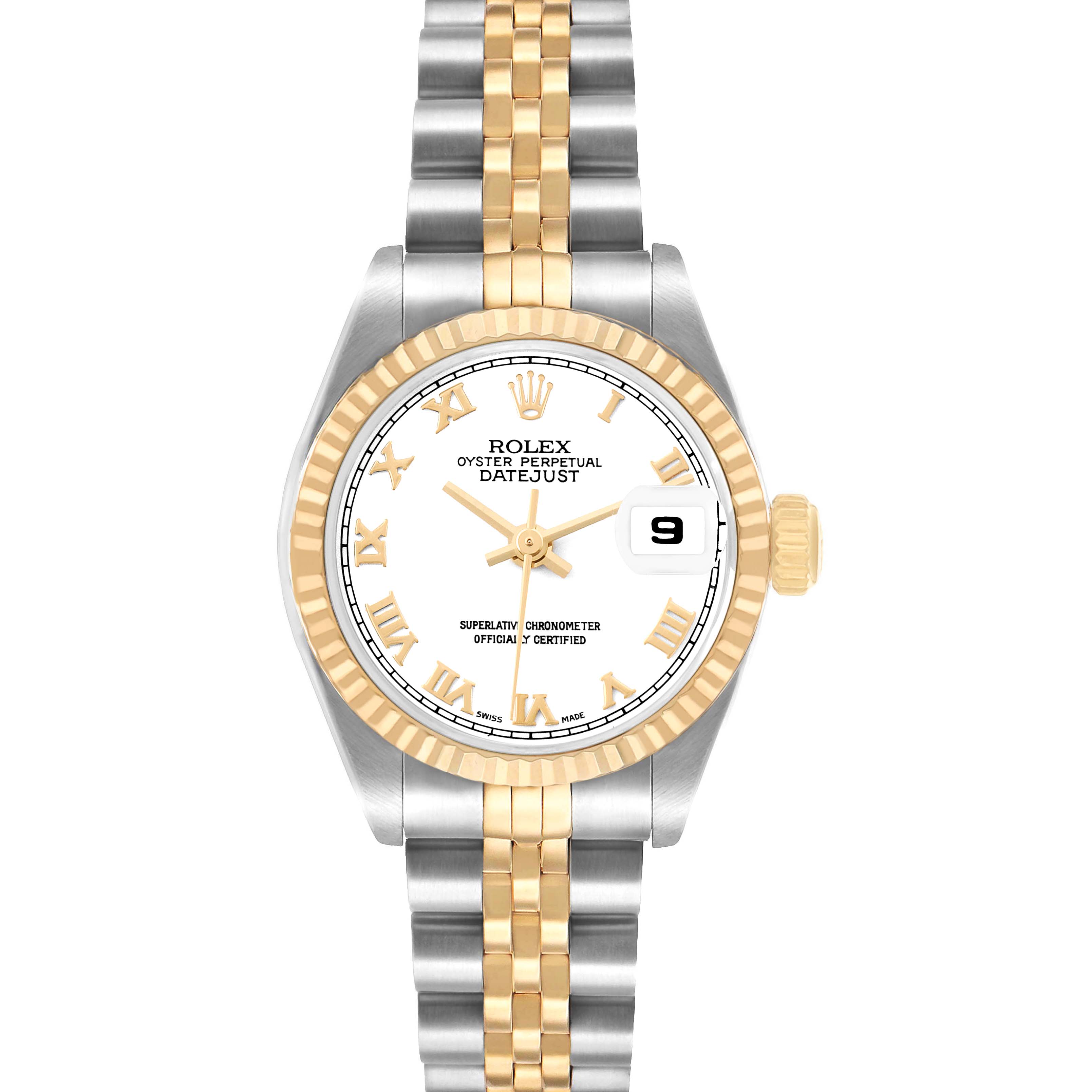 The Rolex Datejust 79173 Women's Stainless Steel White Dial watch is shown from a top-down angle, displaying its face, bezel, and bracelet clearly.