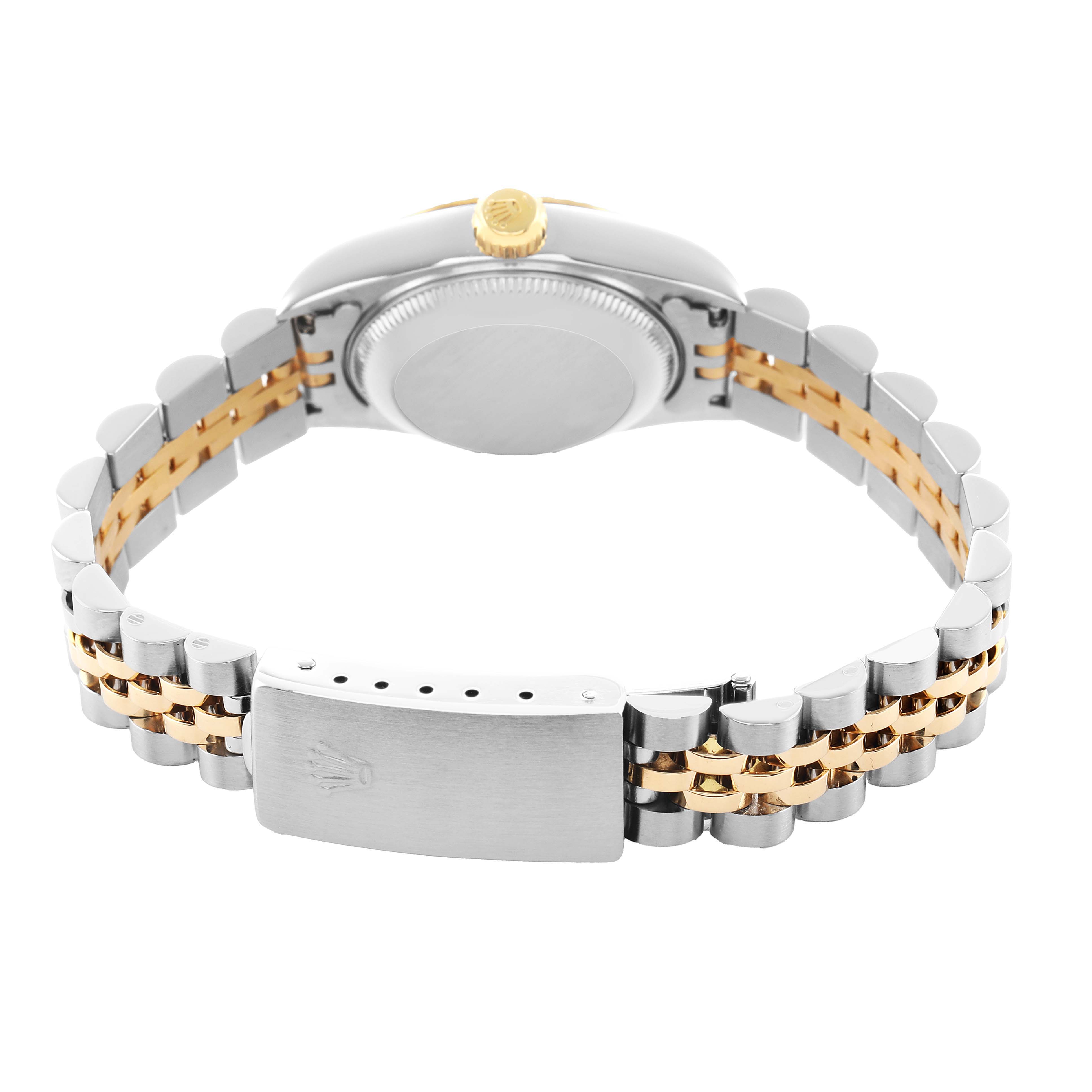 The image shows the back view of a Rolex Datejust 79173 Women's Stainless Steel White Dial watch, featuring its case back, jubilee bracelet, and clasp.