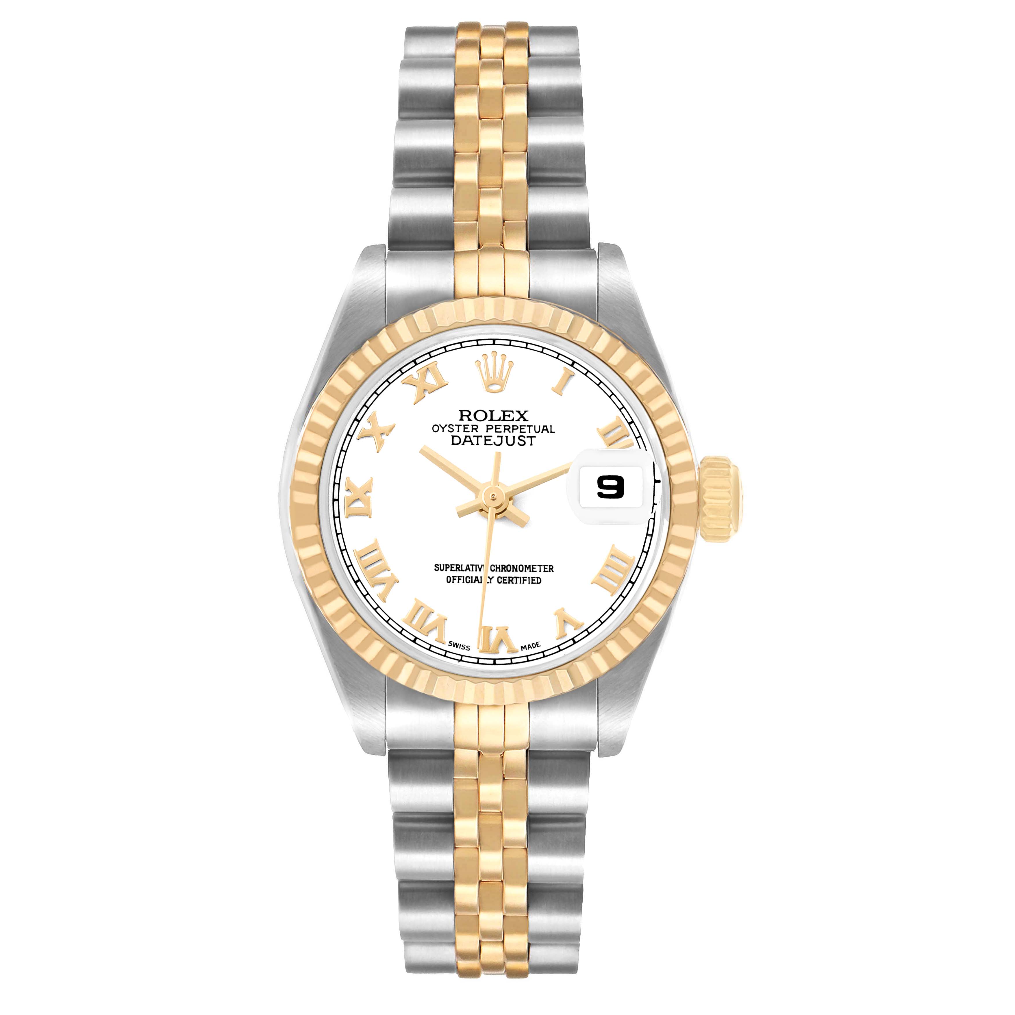 The Rolex Datejust 79173 Women's Stainless Steel White Dial watch is shown from a front angle, displaying the dial, bezel, bracelet, and crown.
