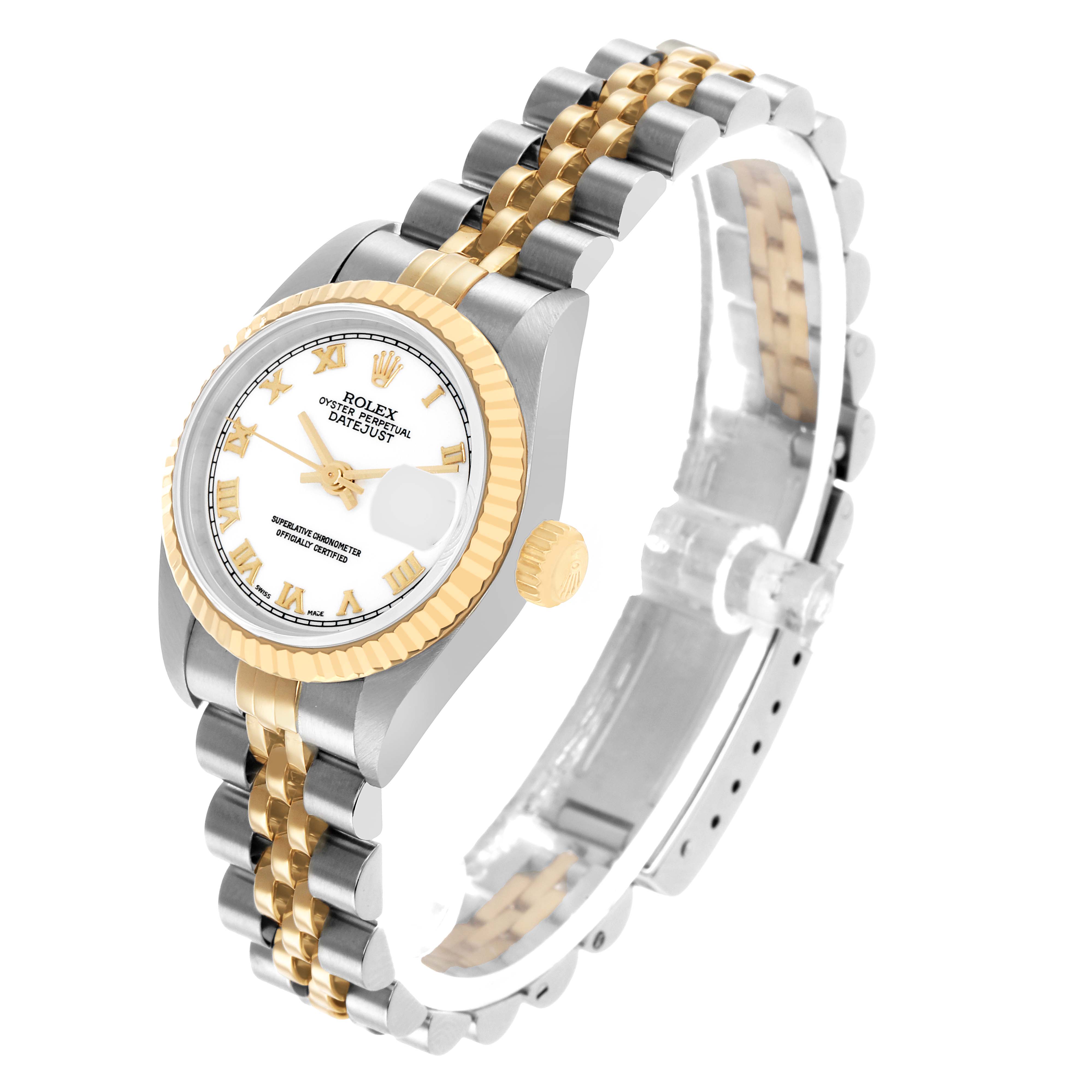 The Rolex Datejust 79173 Women's Stainless Steel White Dial watch is shown at an angle highlighting its two-tone bracelet, fluted bezel, and white dial with Roman numerals.