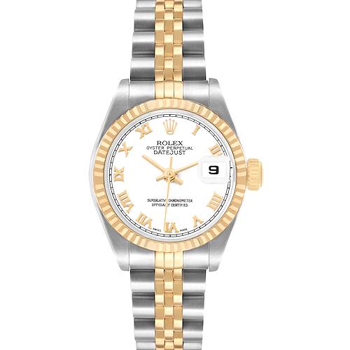 The Rolex Datejust 79173 Women's Stainless Steel White Dial watch is shown from the front, featuring its face, bezel, and bracelet in a two-tone design.