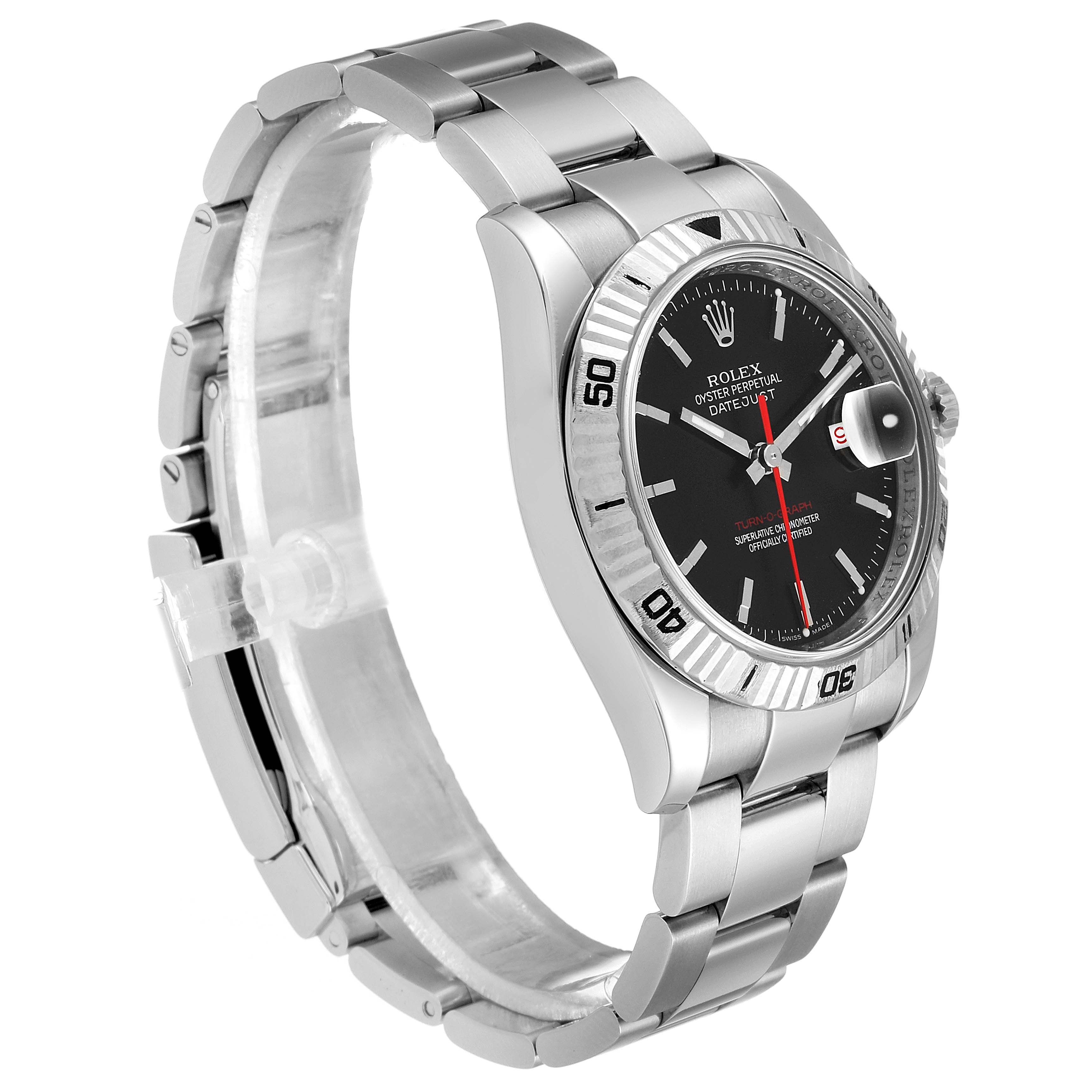 The image shows a side angle view of a Rolex Turn-o-Graph 116264 Men's Stainless Steel Black Dial 116264 Men's Stainless Steel Black Dial watch, displaying its black dial, silver case, bracelet, and bezel.