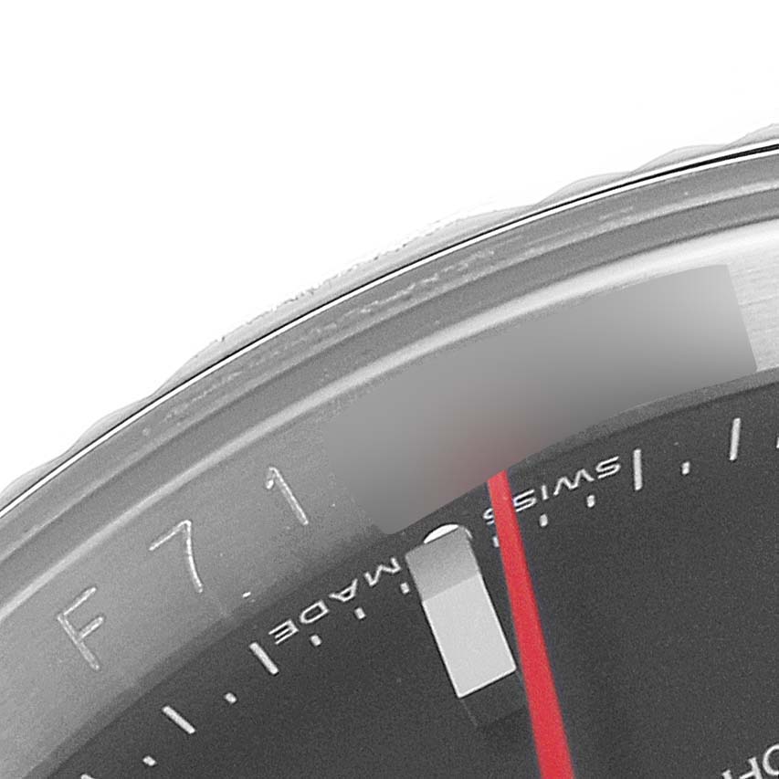 This image shows a partial view of the dial, bezel, and a red second hand of a Rolex Turn-o-Graph 116264 Men's Stainless Steel Black Dial 116264 Men's Stainless Steel Black Dial watch.