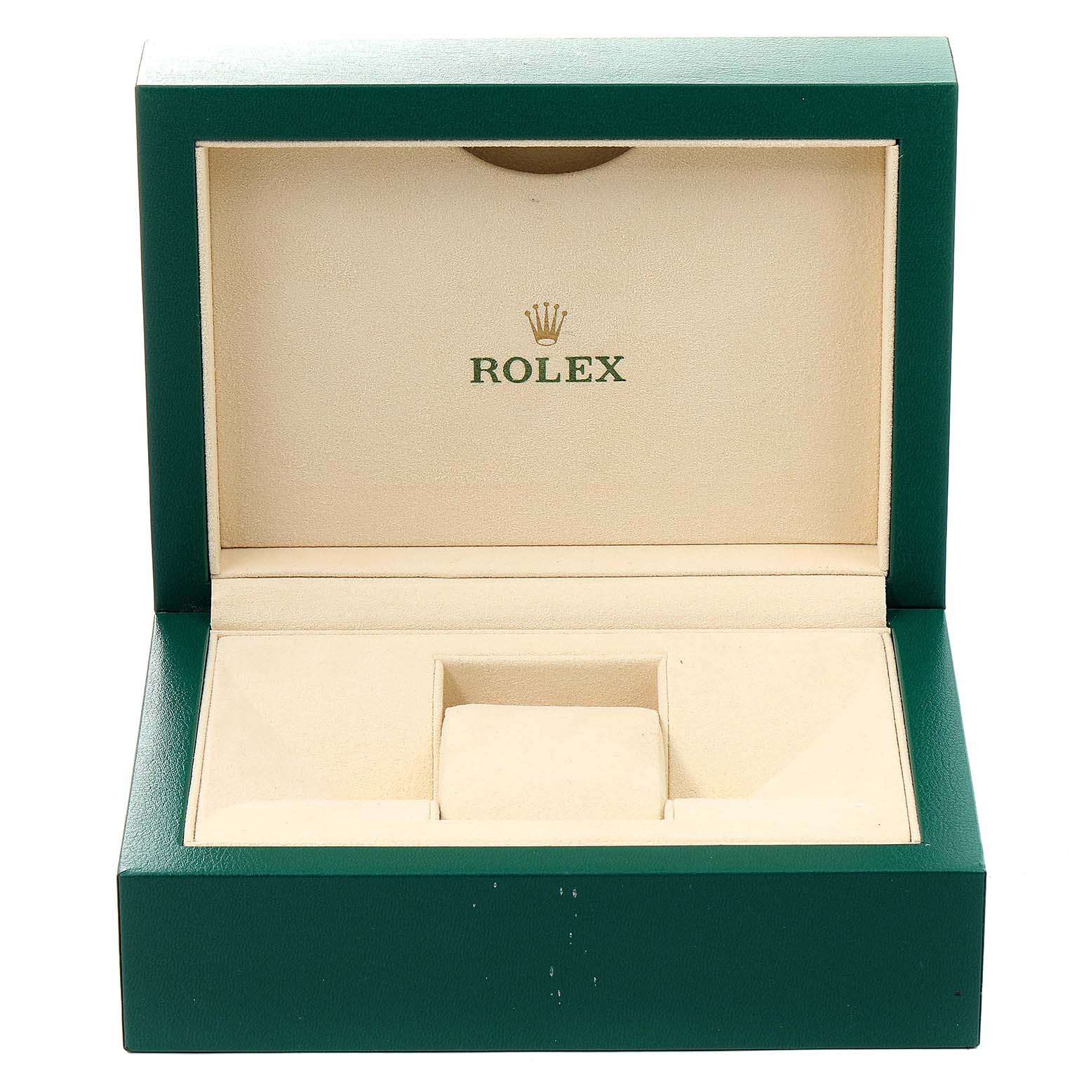 The image shows an open Rolex Turn-o-Graph 116264 Men's Stainless Steel Black Dial 116264 Men's Stainless Steel Black Dial watch box in green and beige, without the watch inside.