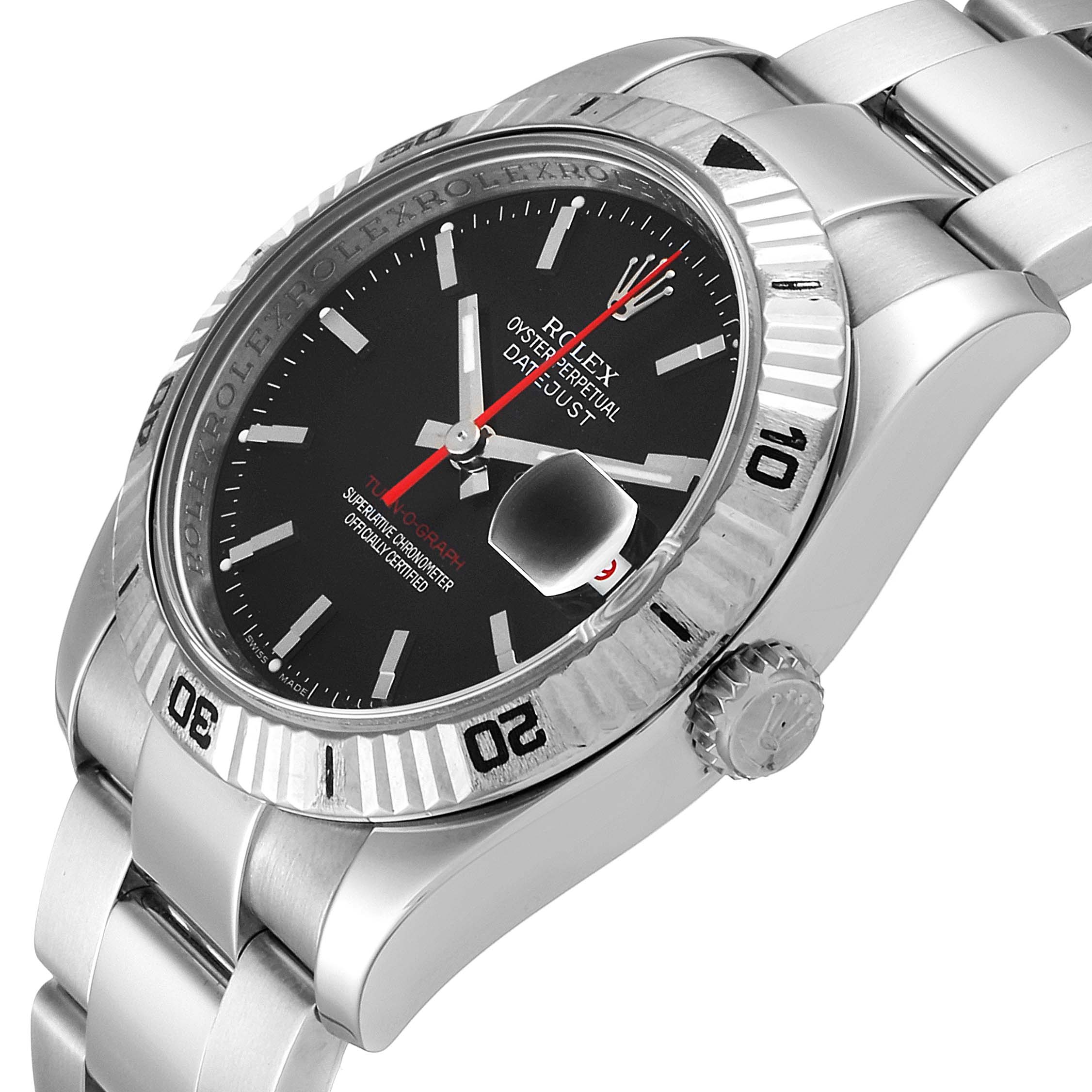 The Rolex Turn-o-Graph 116264 Men's Stainless Steel Black Dial 116264 Men's Stainless Steel Black Dial watch is shown at a slight angle, displaying its dial, bezel, and part of the bracelet.