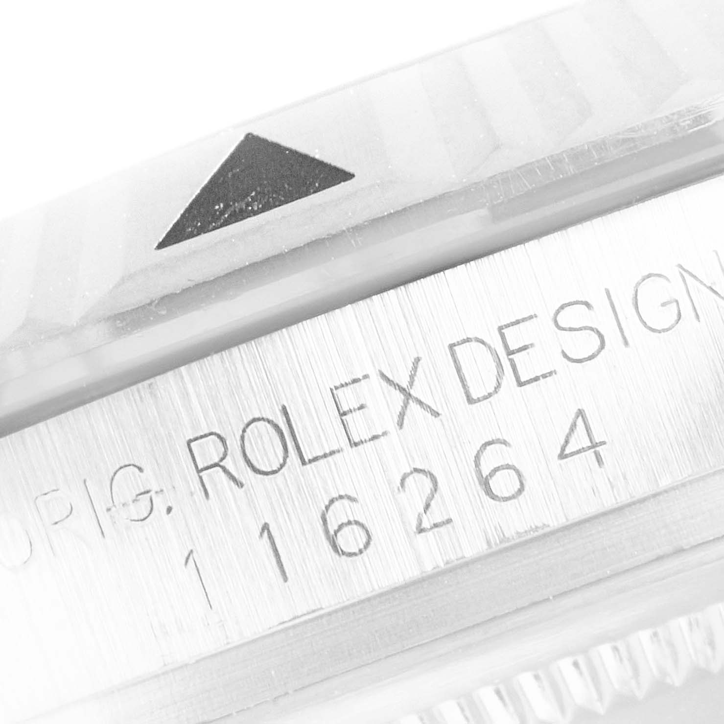 This image shows a close-up of the bezel and side engraving of a Rolex Turn-o-Graph 116264 Men's Stainless Steel Black Dial 116264 Men's Stainless Steel Black Dial model with reference number 116264.