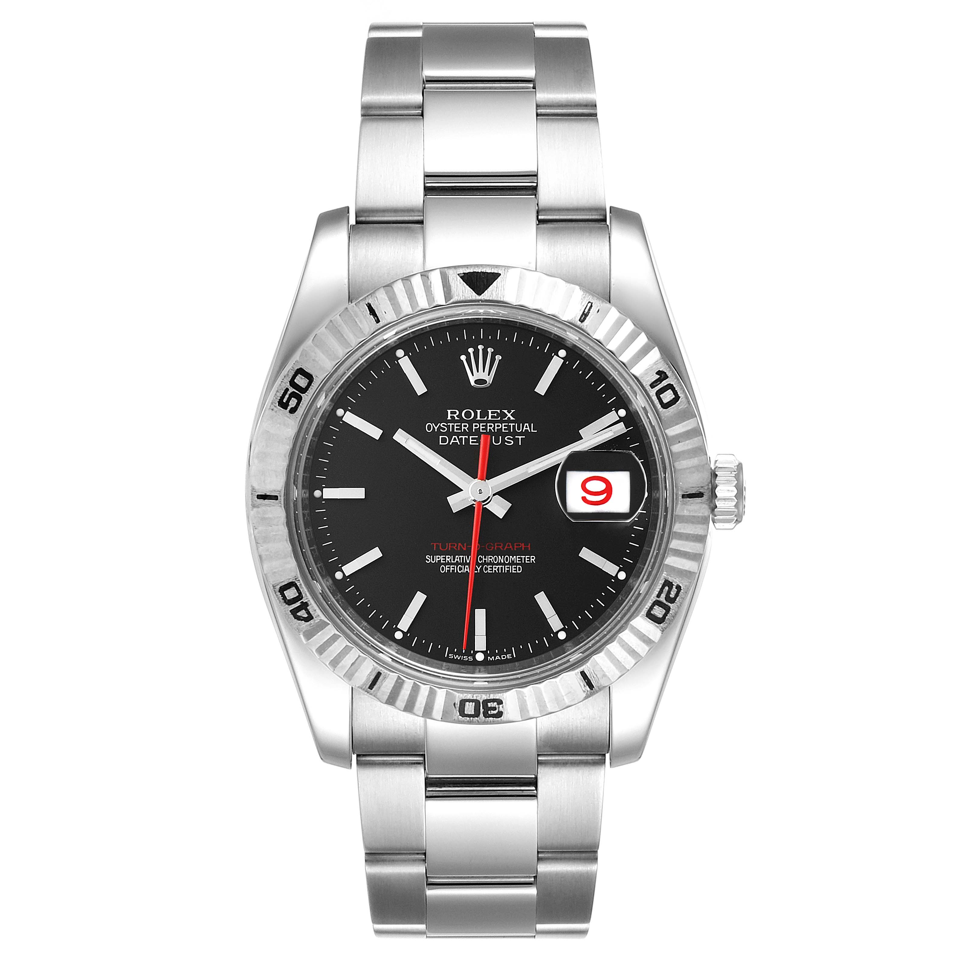 The image shows a front view of the Rolex Turn-o-Graph 116264 Men's Stainless Steel Black Dial 116264 Men's Stainless Steel Black Dial watch, displaying its face, bezel, crown, and bracelet.