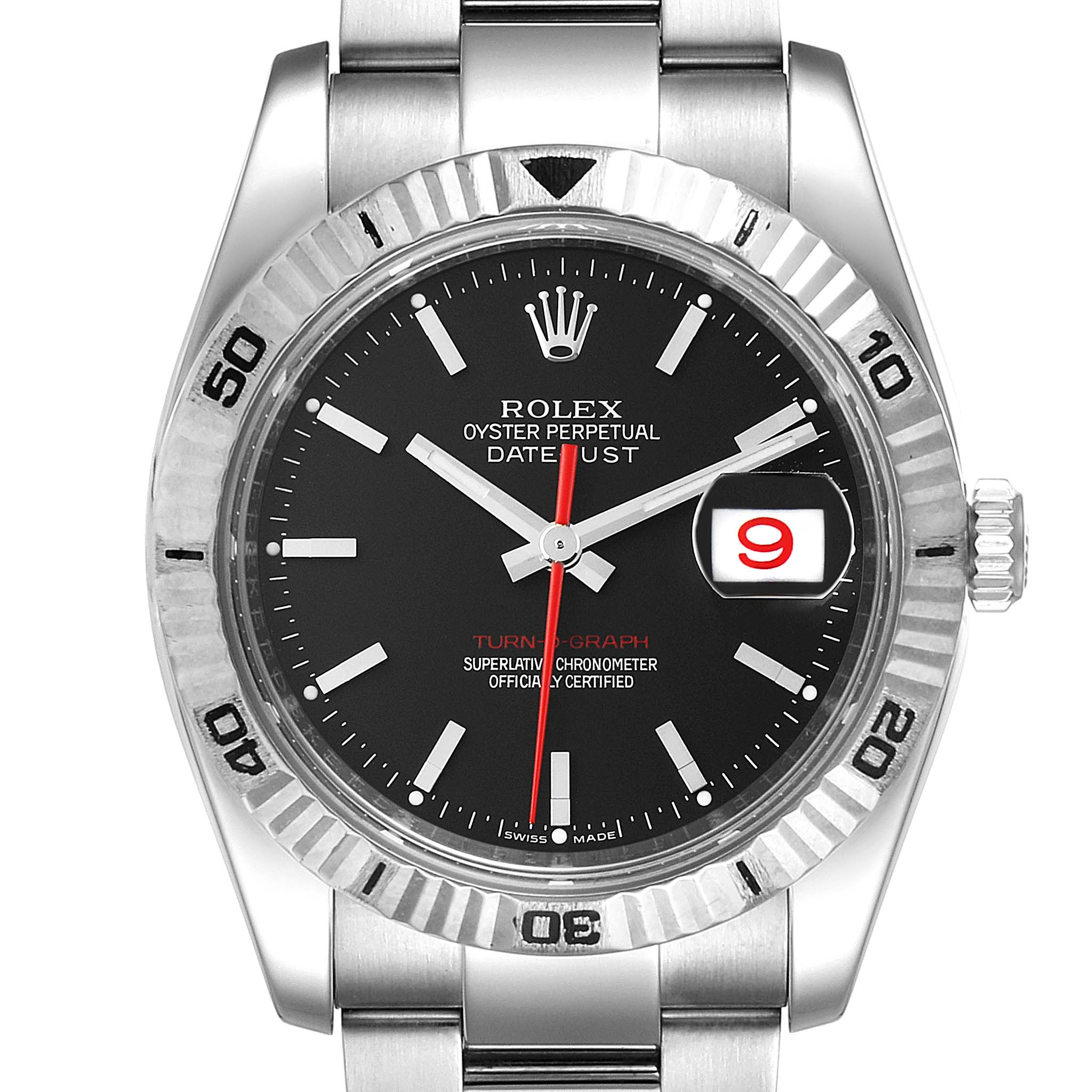 This image shows a frontal view of the Rolex Turn-o-Graph 116264 Men's Stainless Steel Black Dial 116264 Men's Stainless Steel Black Dial watch, highlighting the dial, bezel, hands, date window, and part of the bracelet.