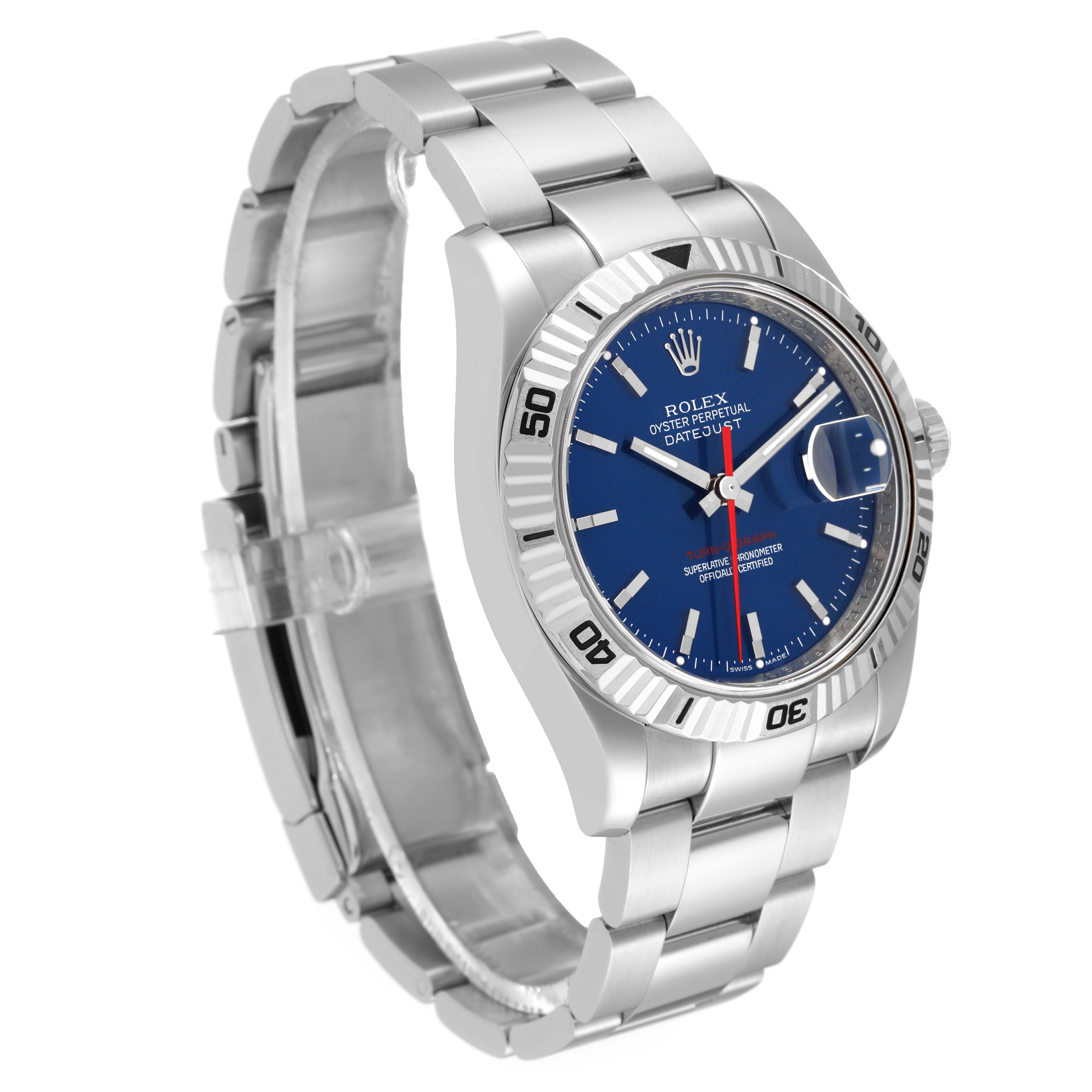 This image shows an angled view of a Rolex Turn-o-Graph 116264 Men's Stainless Steel Blue Dial 116264 Men's Stainless Steel Blue Dial watch, including the face, bezel, band, and crown.