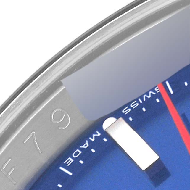 This image shows a close-up angle of the bezel and dial of a Rolex Turn-o-Graph 116264 Men's Stainless Steel Blue Dial 116264 Men's Stainless Steel Blue Dial watch, focusing on the edge details and hour marker.