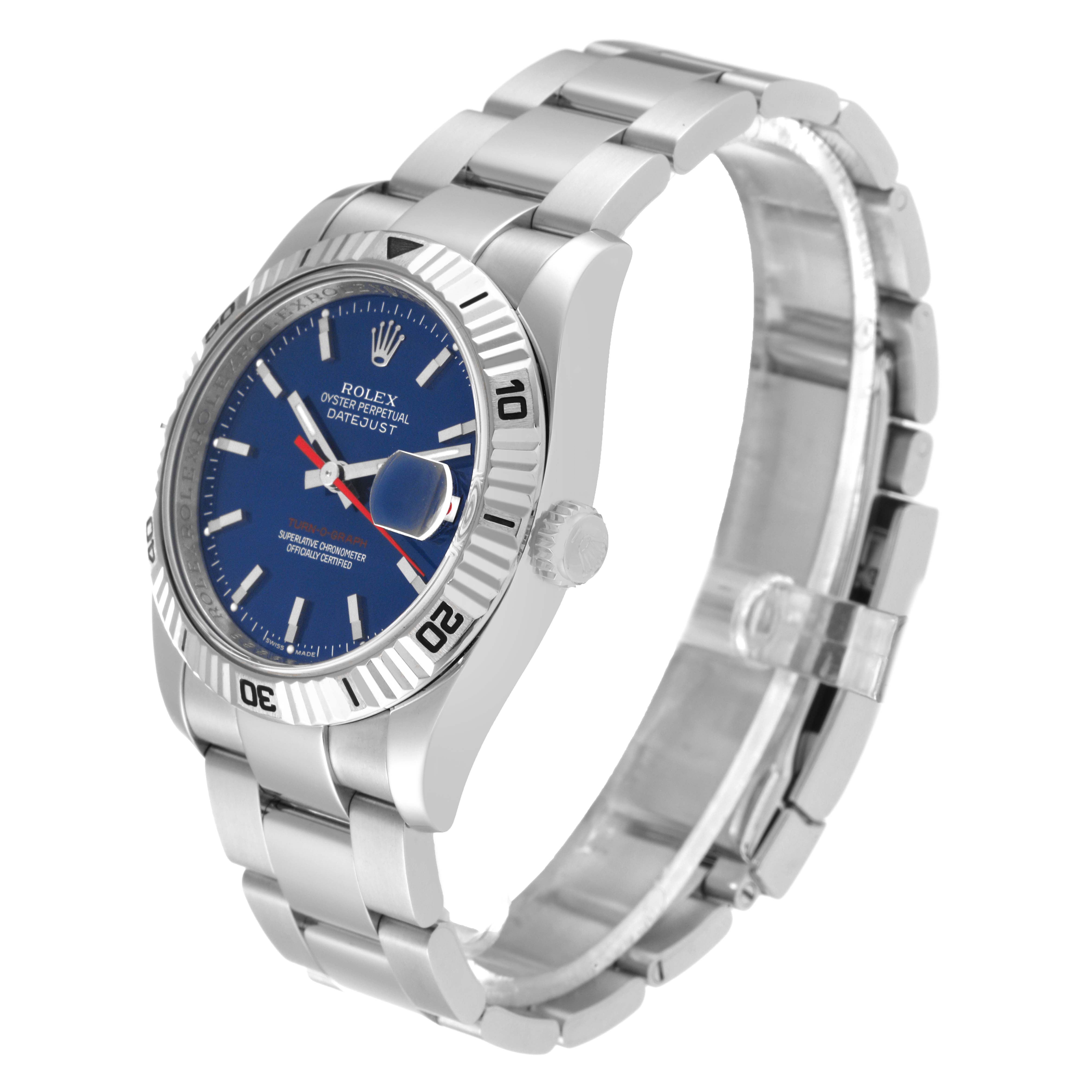 The image shows a Rolex Turn-o-Graph 116264 Men's Stainless Steel Blue Dial 116264 Men's Stainless Steel Blue Dial watch from a three-quarter angle, displaying the face, bezel, crown, and bracelet.