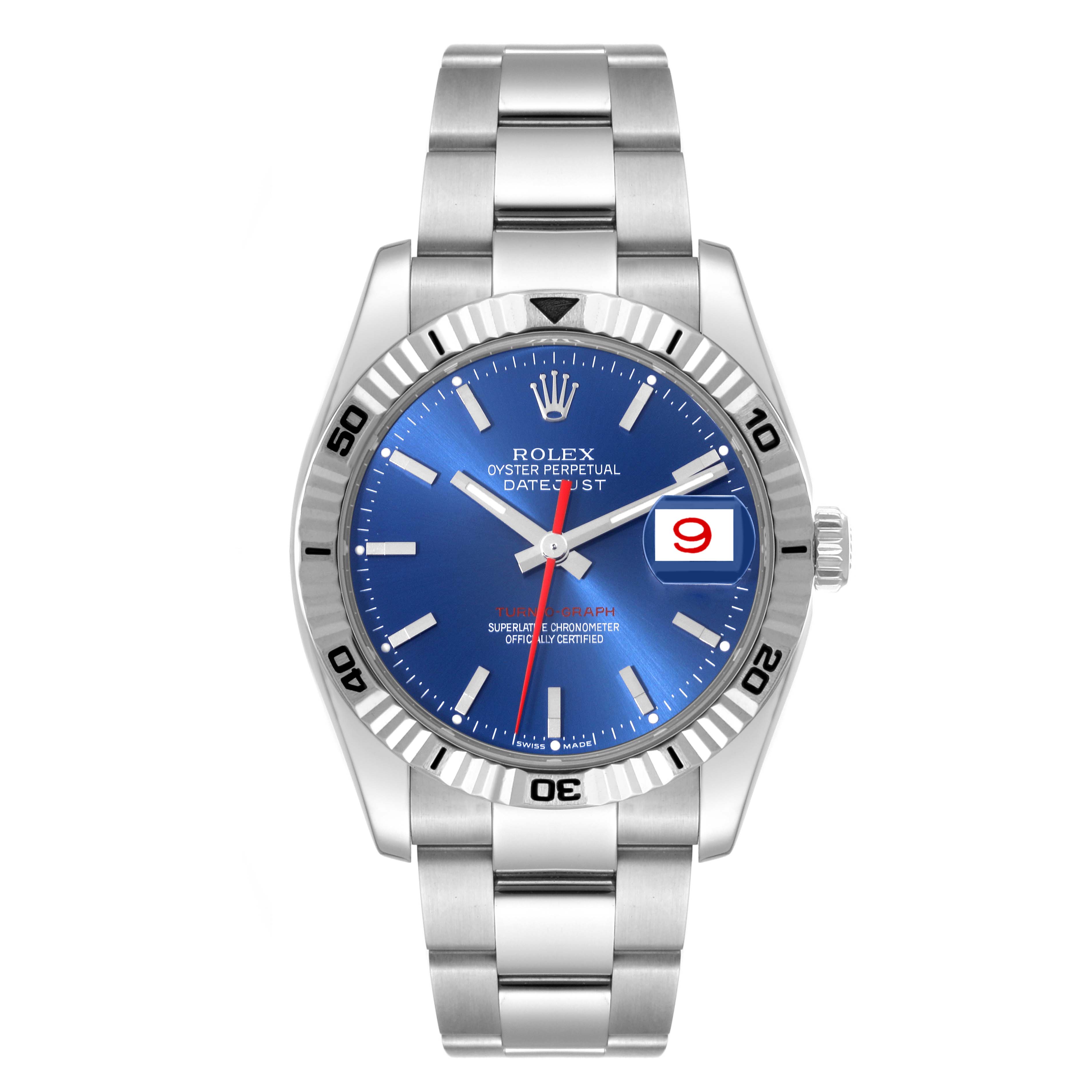 The Rolex Turn-o-Graph 116264 Men's Stainless Steel Blue Dial 116264 Men's Stainless Steel Blue Dial watch is shown from the front, displaying the face, bezel, and bracelet.