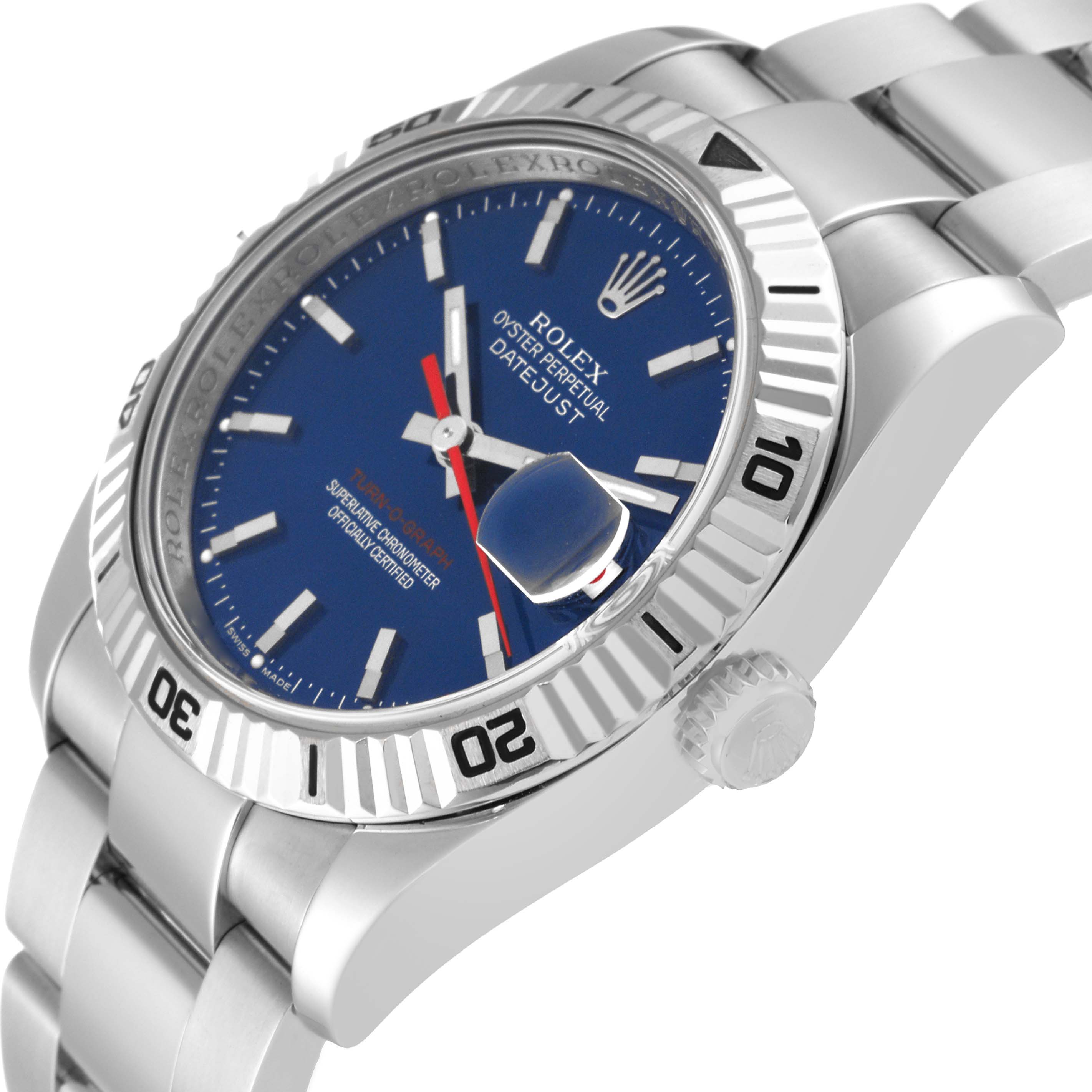 The image shows a side and partial top view of the Rolex Turn-o-Graph 116264 Men's Stainless Steel Blue Dial 116264 Men's Stainless Steel Blue Dial watch, displaying the bezel, crown, dial, and part of the bracelet.