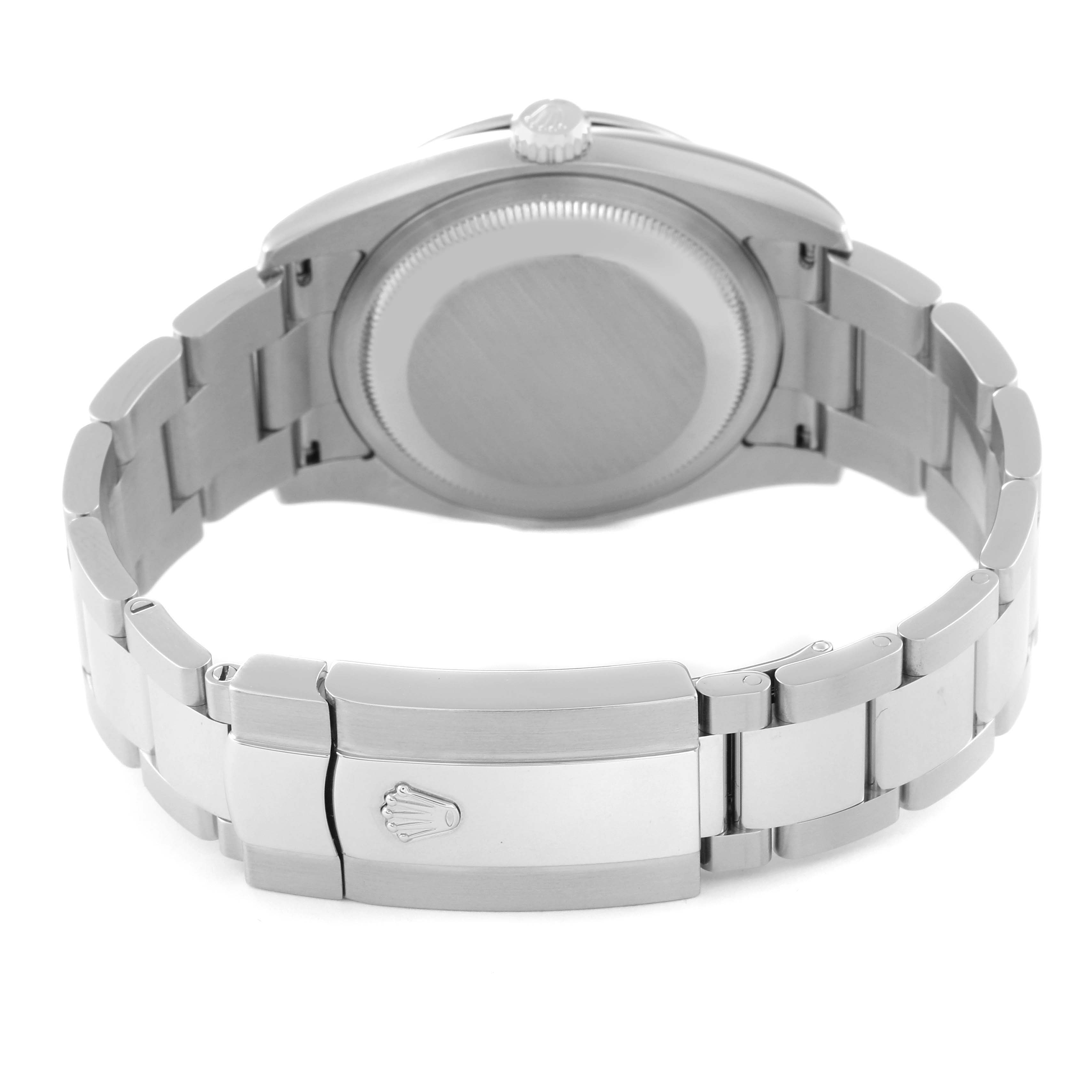 This image shows the back view of a Rolex Turn-o-Graph 116264 Men's Stainless Steel Blue Dial 116264 Men's Stainless Steel Blue Dial watch, focusing on the case back and the metal bracelet's clasp.