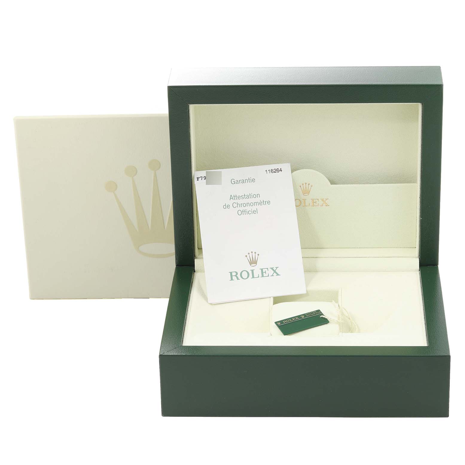 The image shows the packaging, guarantee card, and tag of a Rolex Turn-o-Graph 116264 Men's Stainless Steel Blue Dial 116264 Men's Stainless Steel Blue Dial watch.