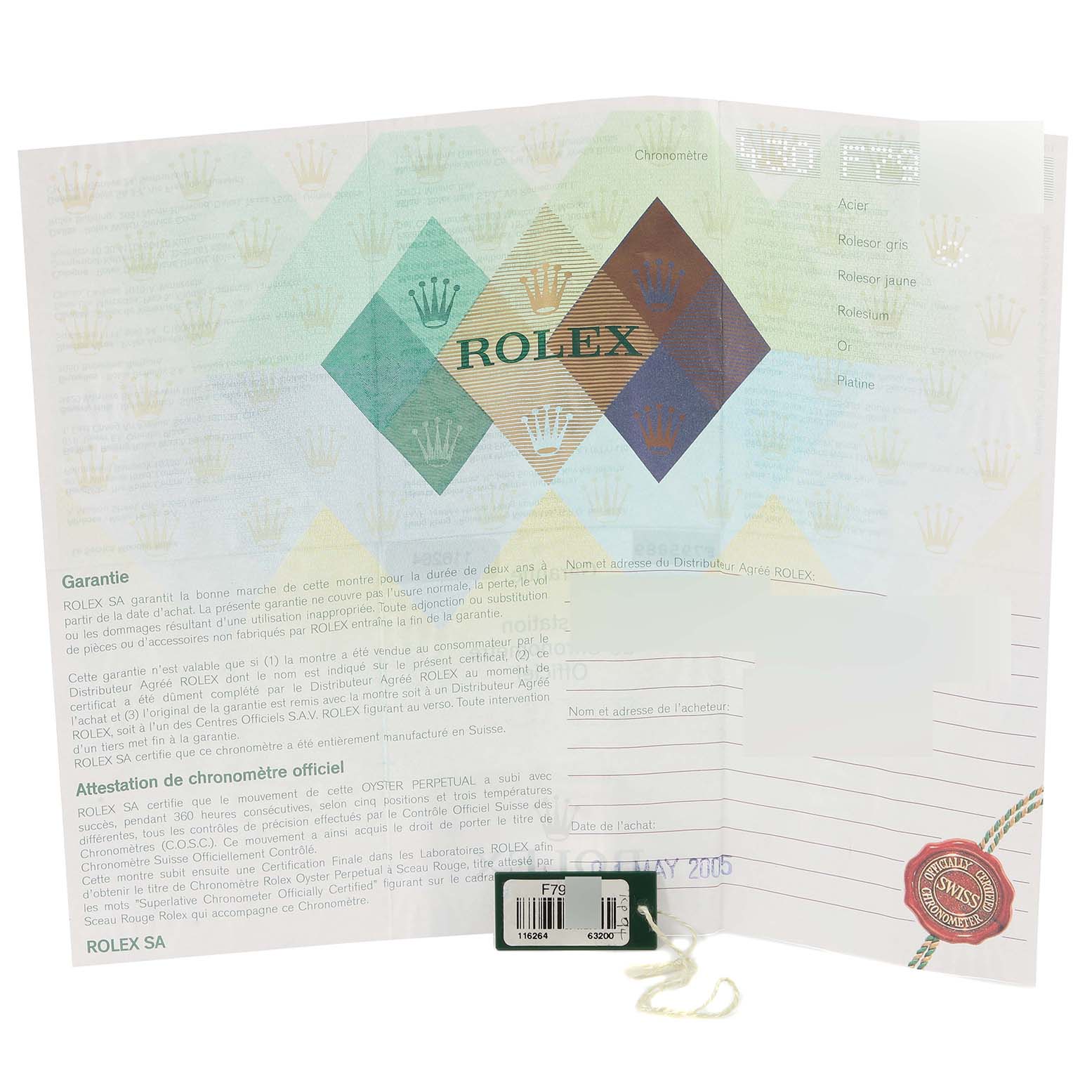 The image shows the warranty and chronometer certification papers for a Rolex Turn-o-Graph 116264 Men's Stainless Steel Blue Dial 116264 Men's Stainless Steel Blue Dial model.