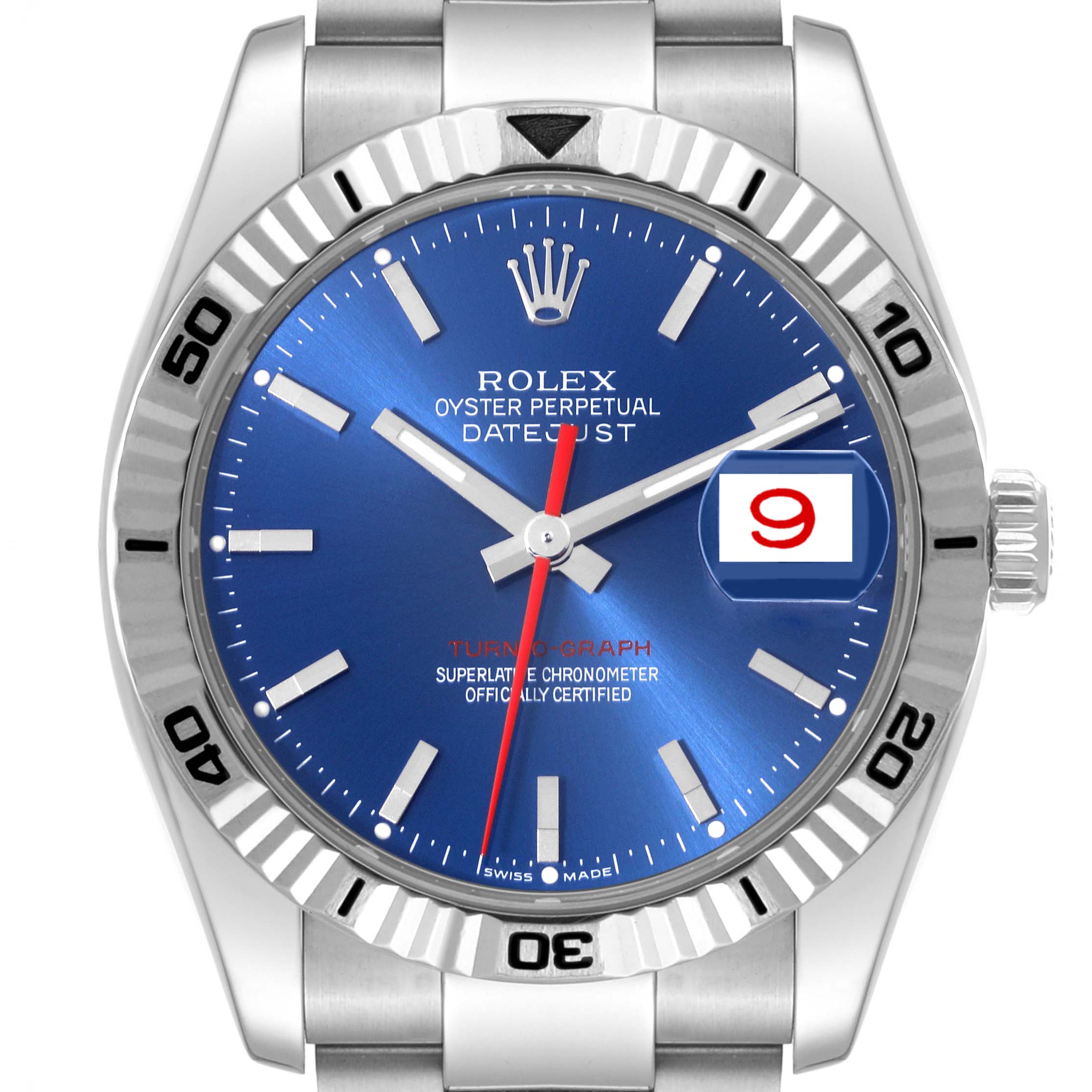 The image shows a Rolex Turn-o-Graph 116264 Men's Stainless Steel Blue Dial 116264 Men's Stainless Steel Blue Dial watch with a blue dial, red second hand, and a date window at 3 o'clock.