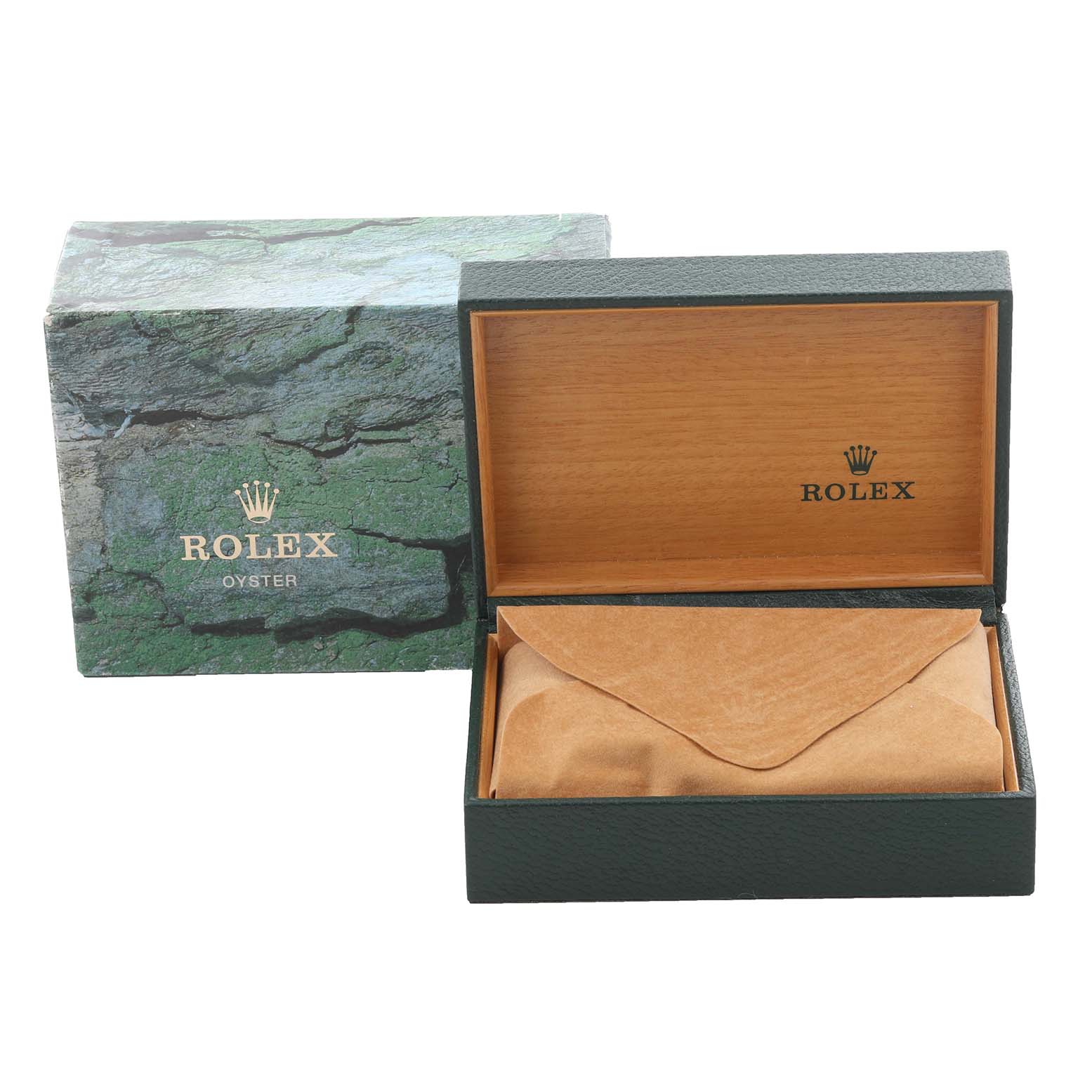 The image shows the Rolex Turn-o-Graph 16264 Men's Stainless Steel Silver Dial 16264 Men's Stainless Steel Silver Dial box and packaging, including a closed envelope-style pouch inside.