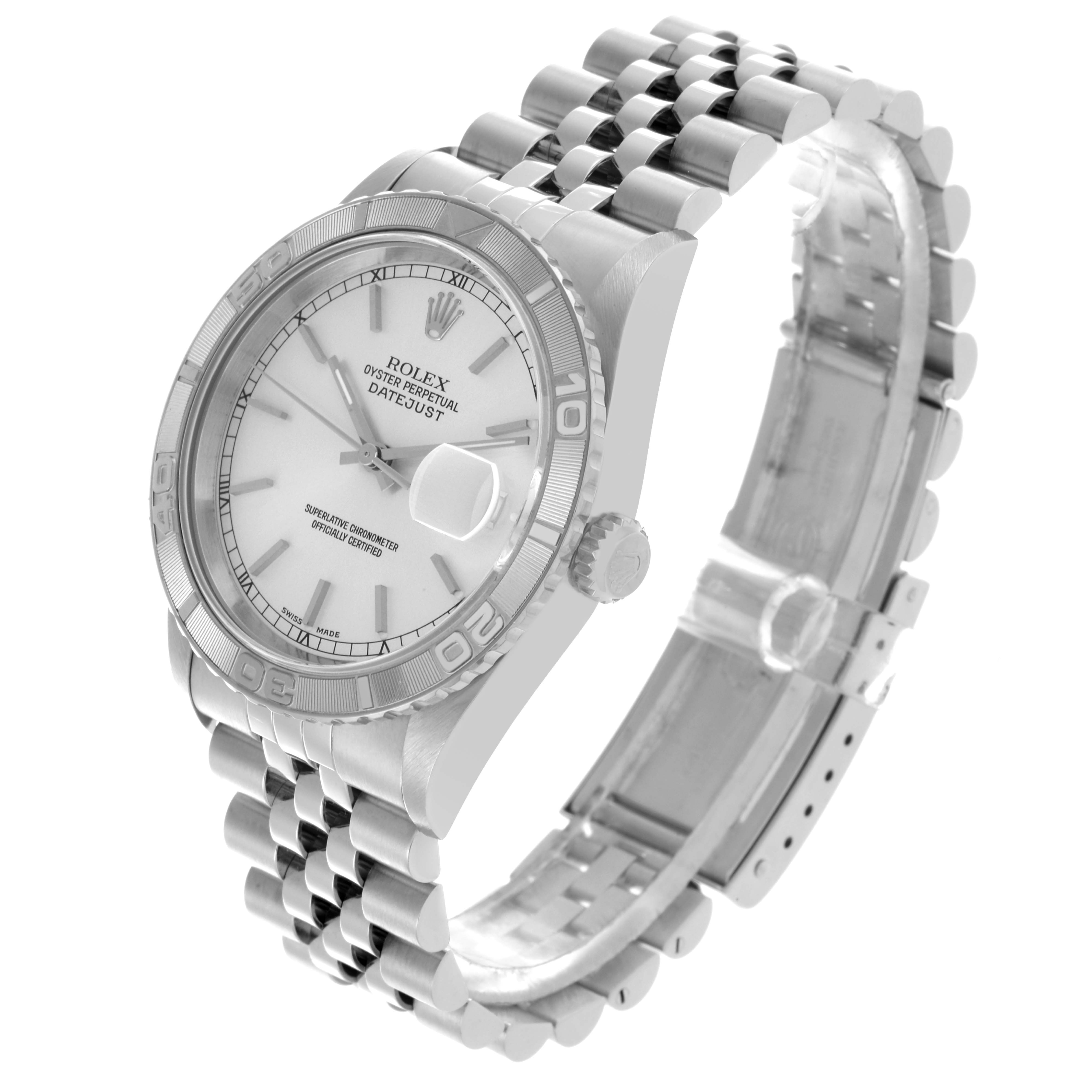 The Rolex Turn-o-Graph 16264 Men's Stainless Steel Silver Dial 16264 Men's Stainless Steel Silver Dial watch is shown at a three-quarter angle, highlighting the dial, bezel, crown, and bracelet.