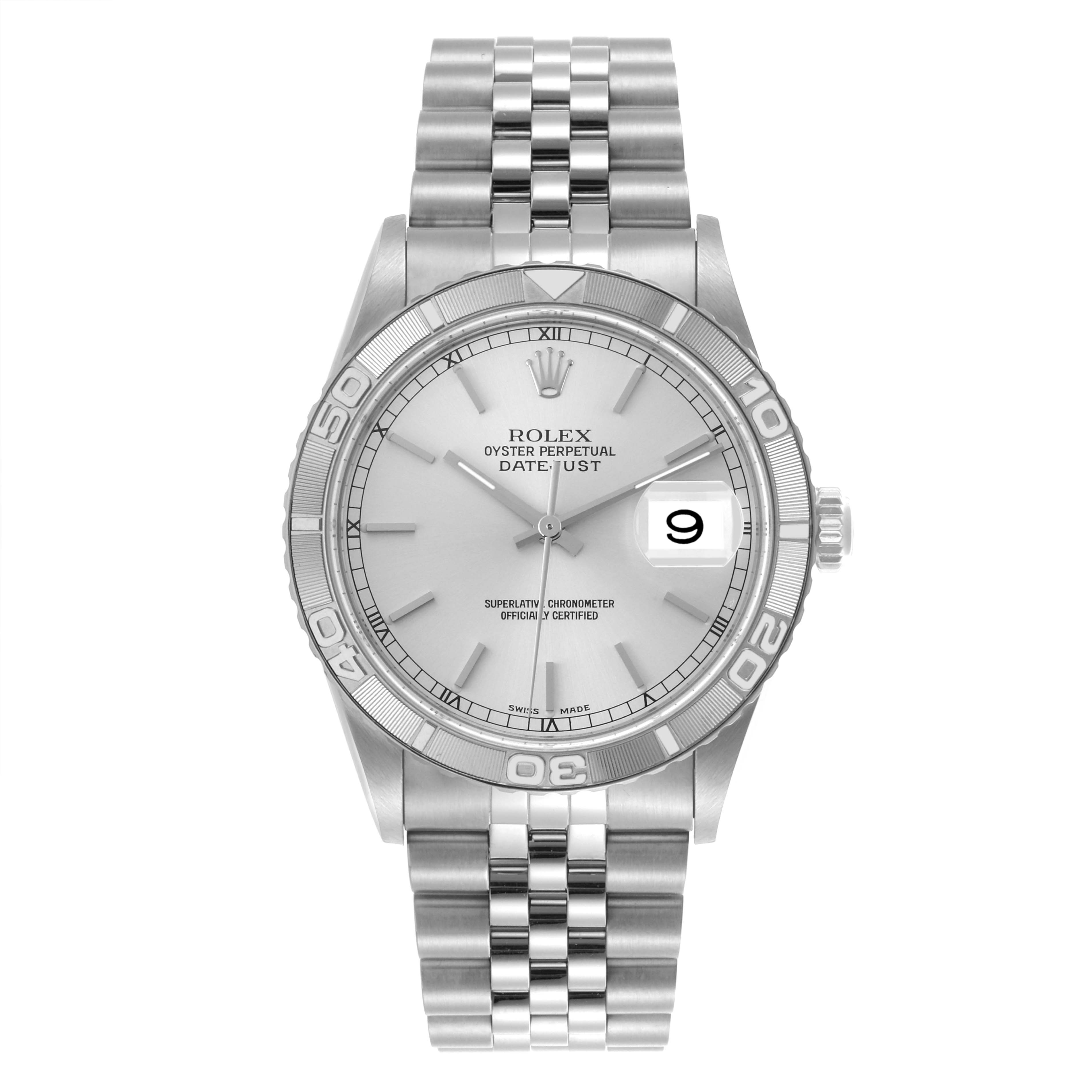 The image shows a front view of the Rolex Turn-o-Graph 16264 Men's Stainless Steel Silver Dial 16264 Men's Stainless Steel Silver Dial watch, displaying its face, bezel, and bracelet.