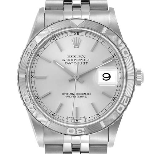 The Rolex Turn-o-Graph watch is shown from a front angle, highlighting its face, bezel, and bracelet.