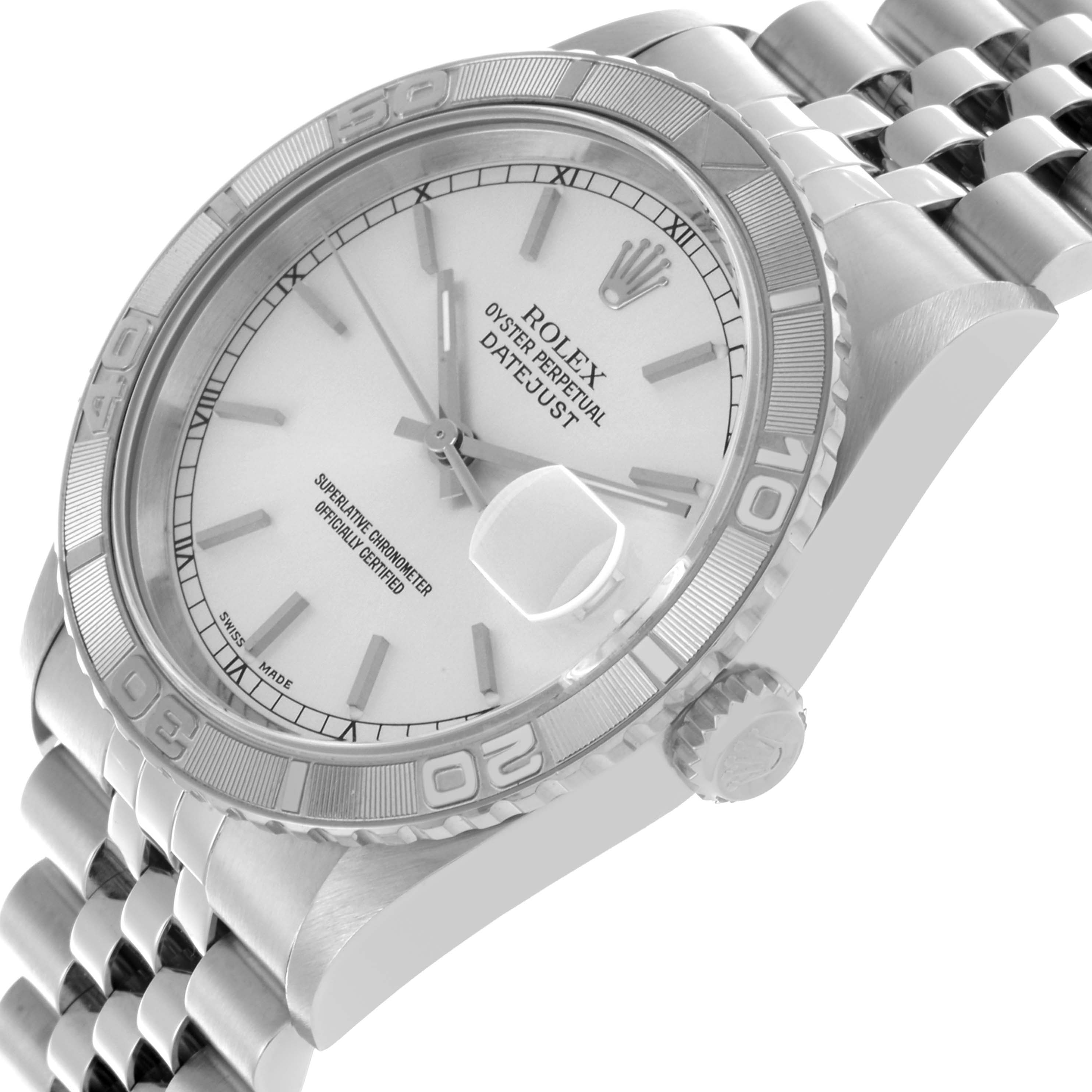 The Rolex Turn-o-Graph 16264 Men's Stainless Steel Silver Dial 16264 Men's Stainless Steel Silver Dial is shown from a side angle, highlighting the bezel, crown, dial, and part of the bracelet.