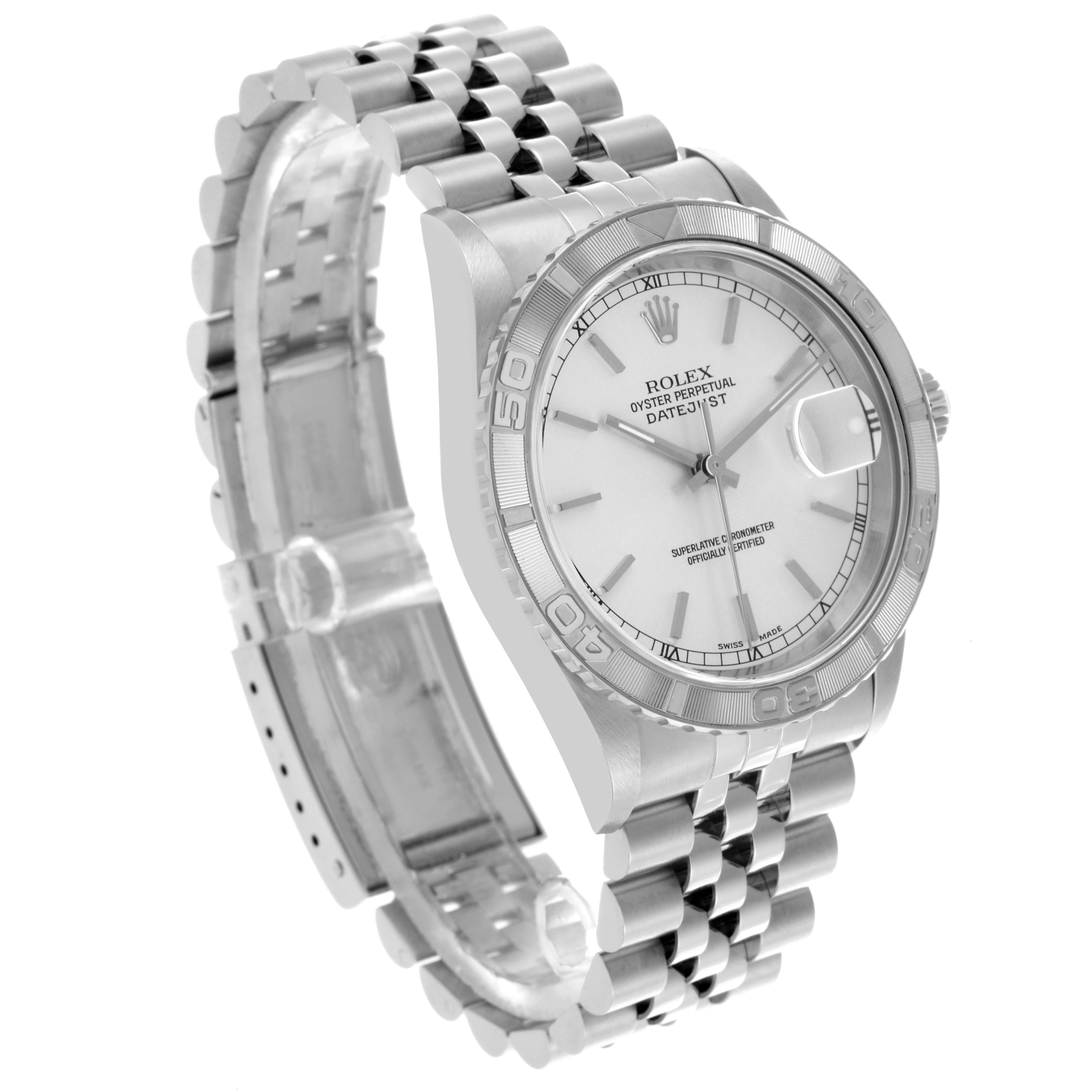 The Rolex Turn-o-Graph 16264 Men's Stainless Steel Silver Dial 16264 Men's Stainless Steel Silver Dial watch is shown at a three-quarter angle, highlighting the dial, bezel, and bracelet.