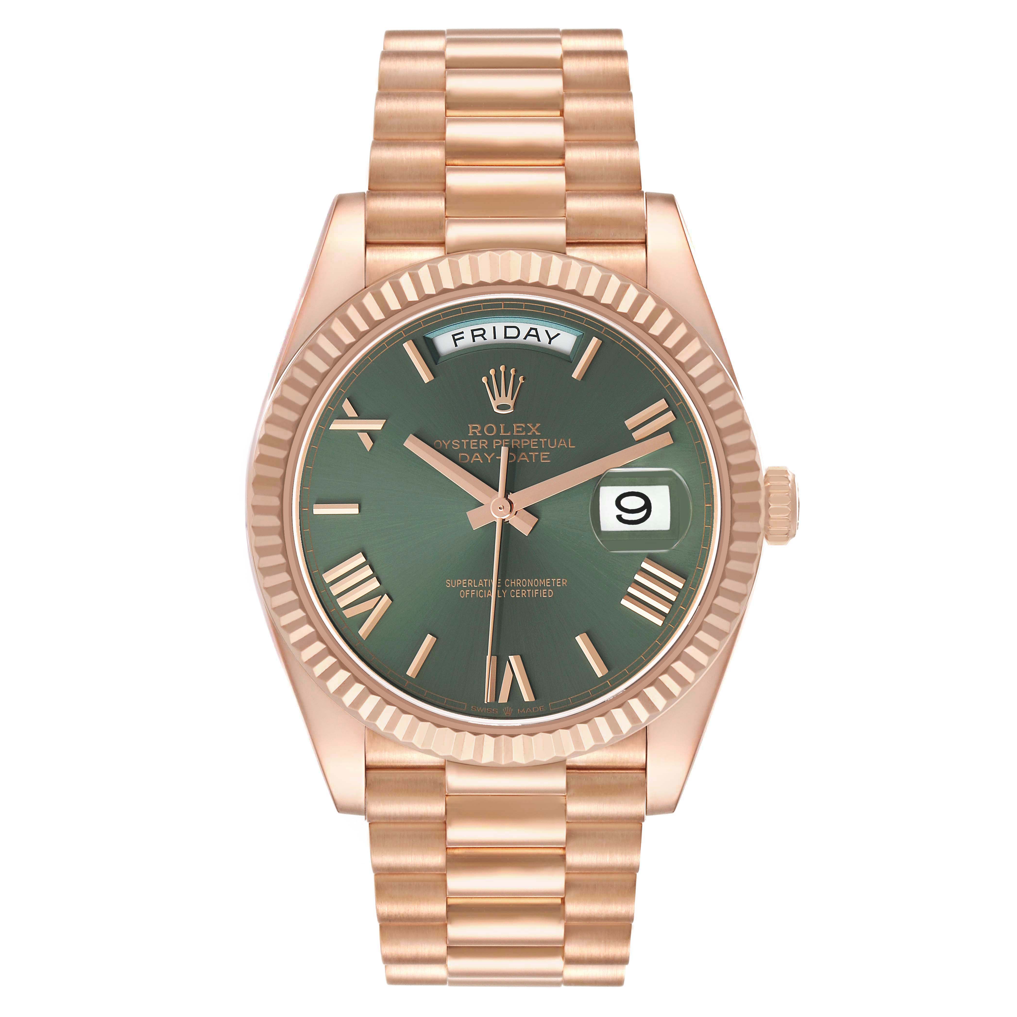 The image shows a front view of a Rolex President 228235 Men's Rose Gold Green Dial model watch, highlighting its green dial, gold band, and fluted bezel.