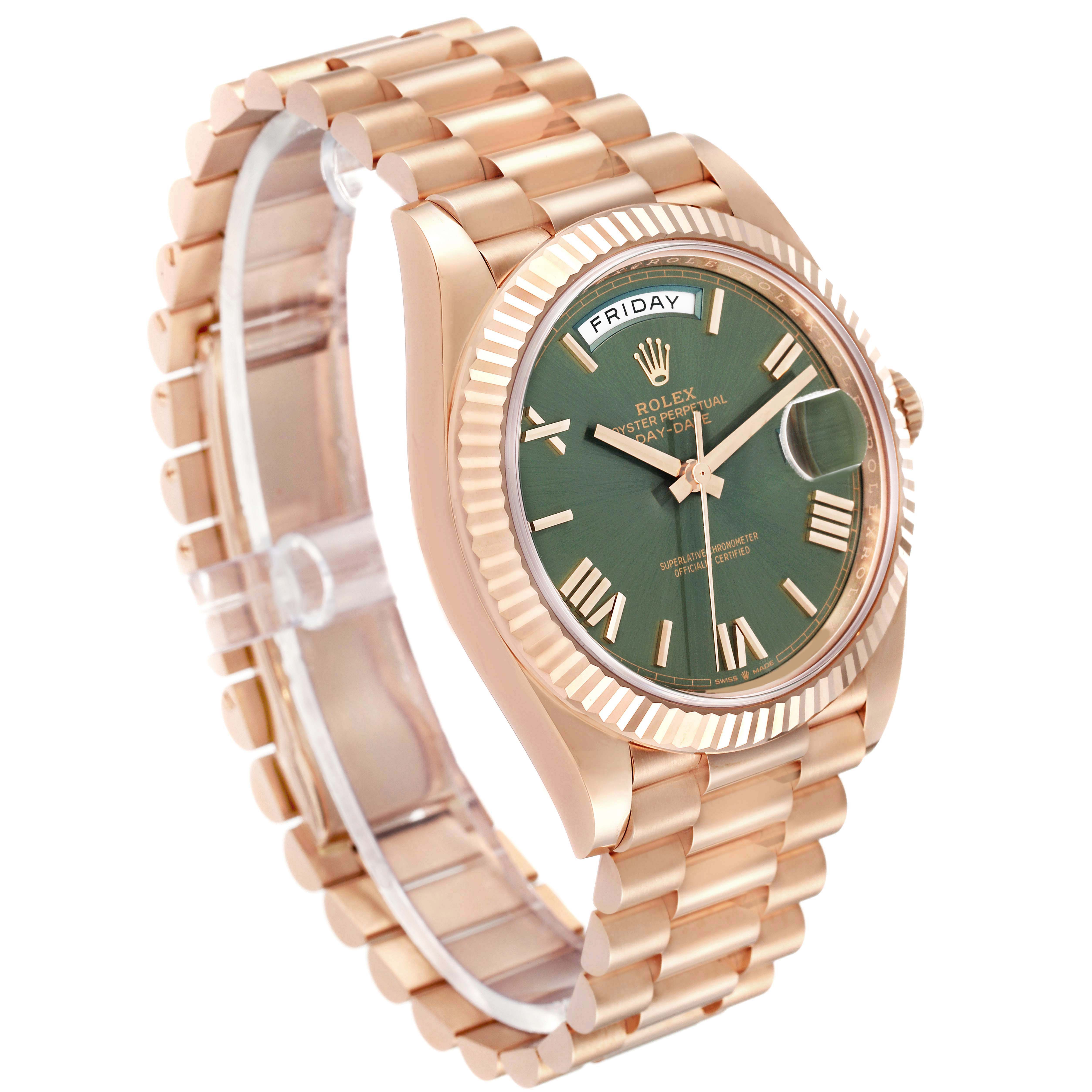 The Rolex President 228235 Men's Rose Gold Green Dial model is shown at an angled side view, highlighting the bracelet, bezel, and green dial with Roman numerals.