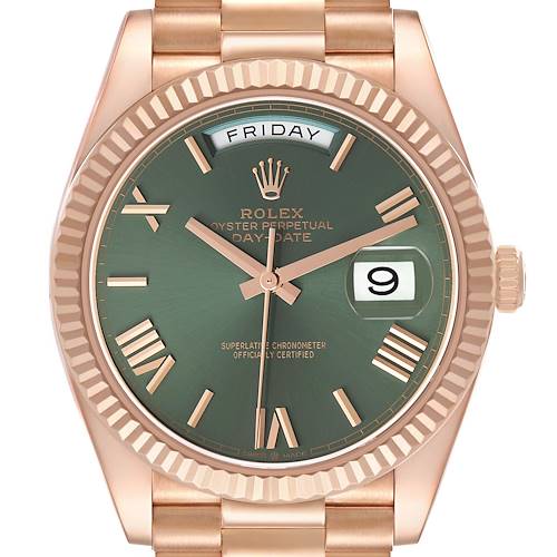 The Rolex President 228235 Men's Rose Gold Green Dial watch is shown from a front angle displaying the dial, hands, date window, and bracelet.