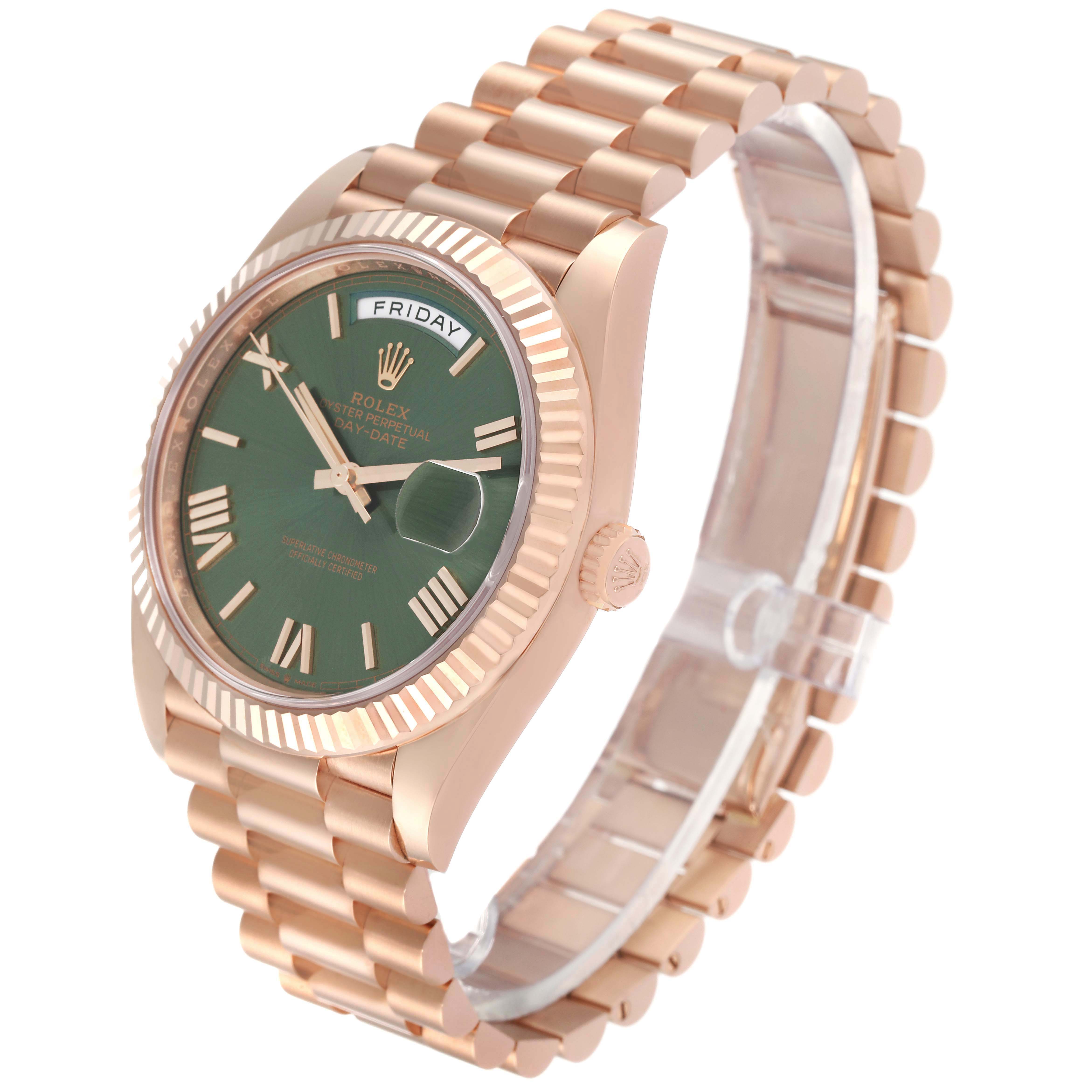 The Rolex President 228235 Men's Rose Gold Green Dial model is shown at an angle displaying the face, bezel, and bracelet.