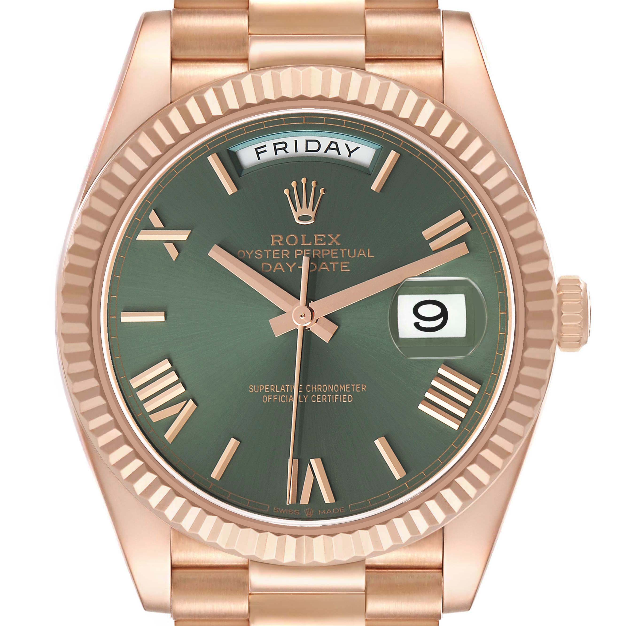 The Rolex President 228235 Men's Rose Gold Green Dial model is shown from a front angle, displaying the dial, crown, day, and date features.