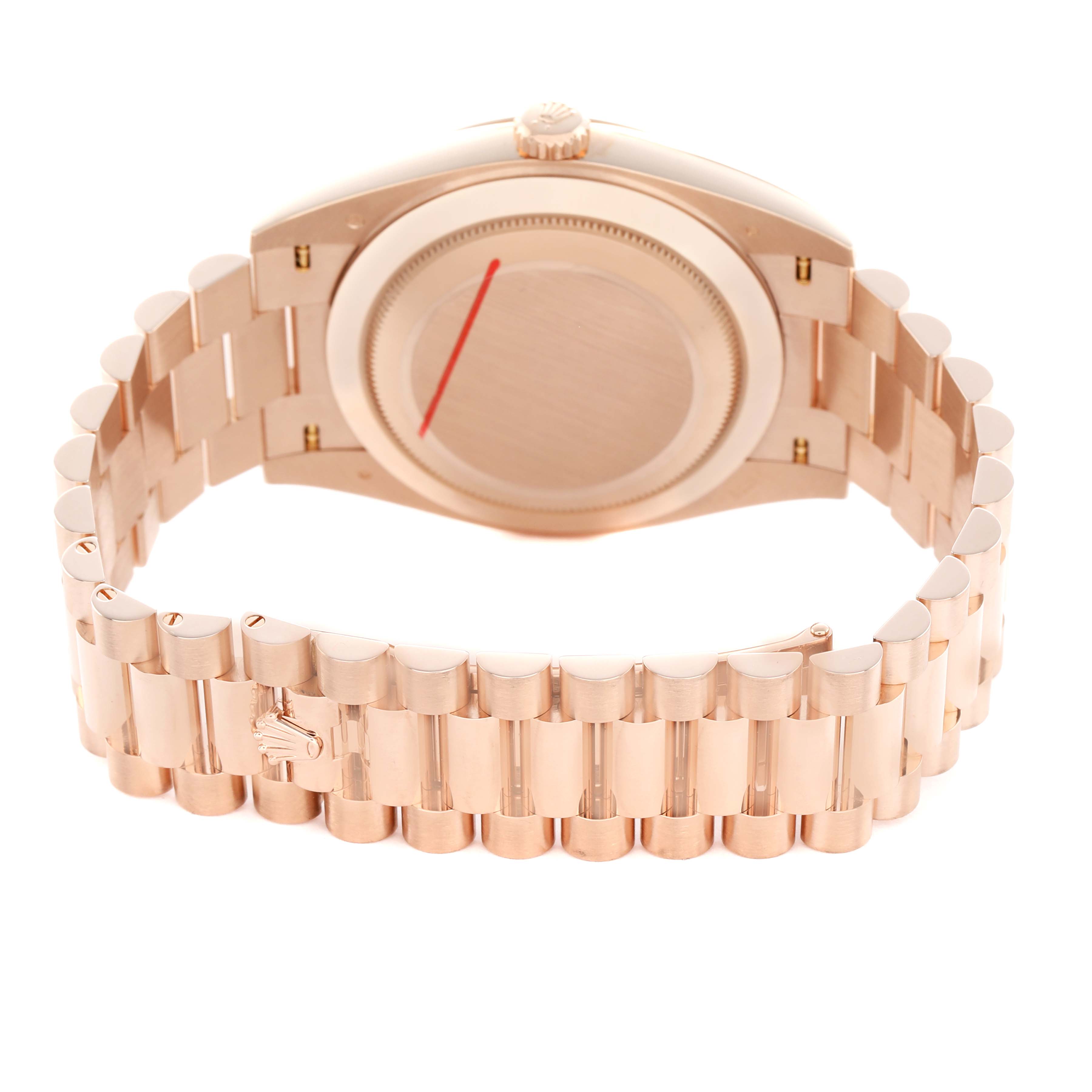 The image shows the back case and bracelet of a Rolex President 228235 Men's Rose Gold Green Dial model watch, viewed from the rear.