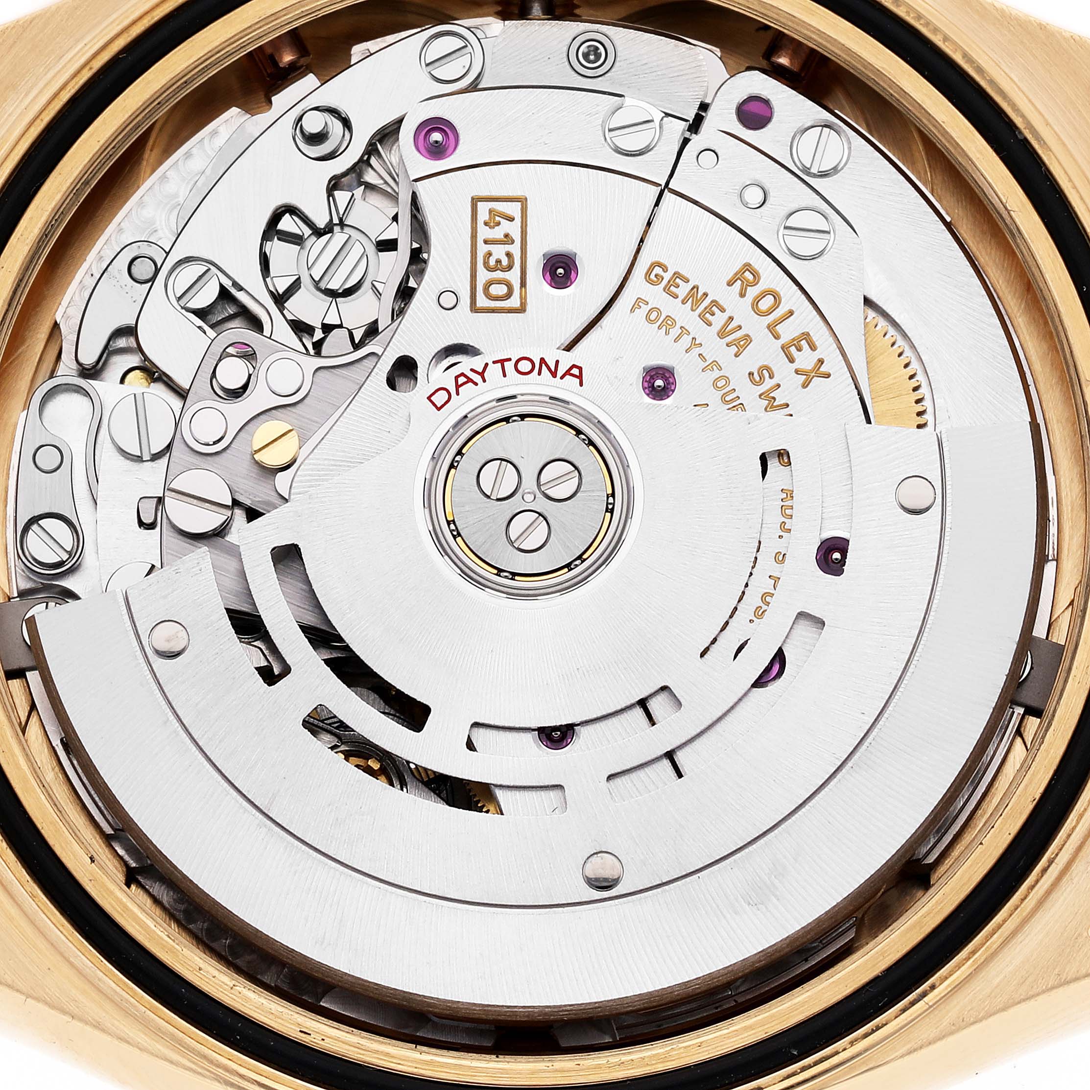 This is a close-up of the Rolex Daytona 116518LN Men's Yellow Gold Champagne Dial 116518LN Men's Yellow Gold Champagne Dial watch's movement, showcasing its intricate mechanism and internal components.