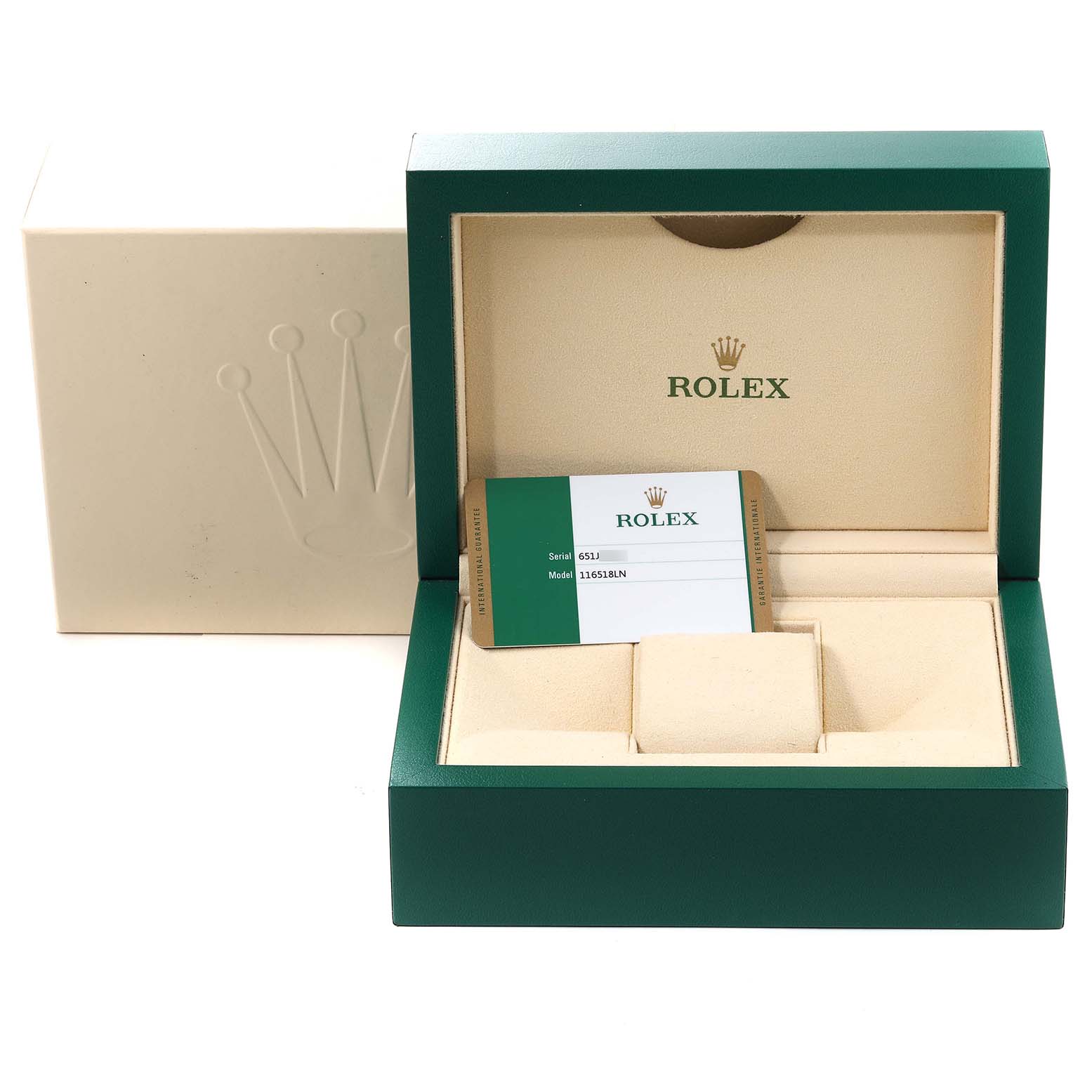 The image shows the open box and warranty card for a Rolex Daytona 116518LN Men's Yellow Gold Champagne Dial 116518LN Men's Yellow Gold Champagne Dial watch, with the box lid displaying the Rolex logo.