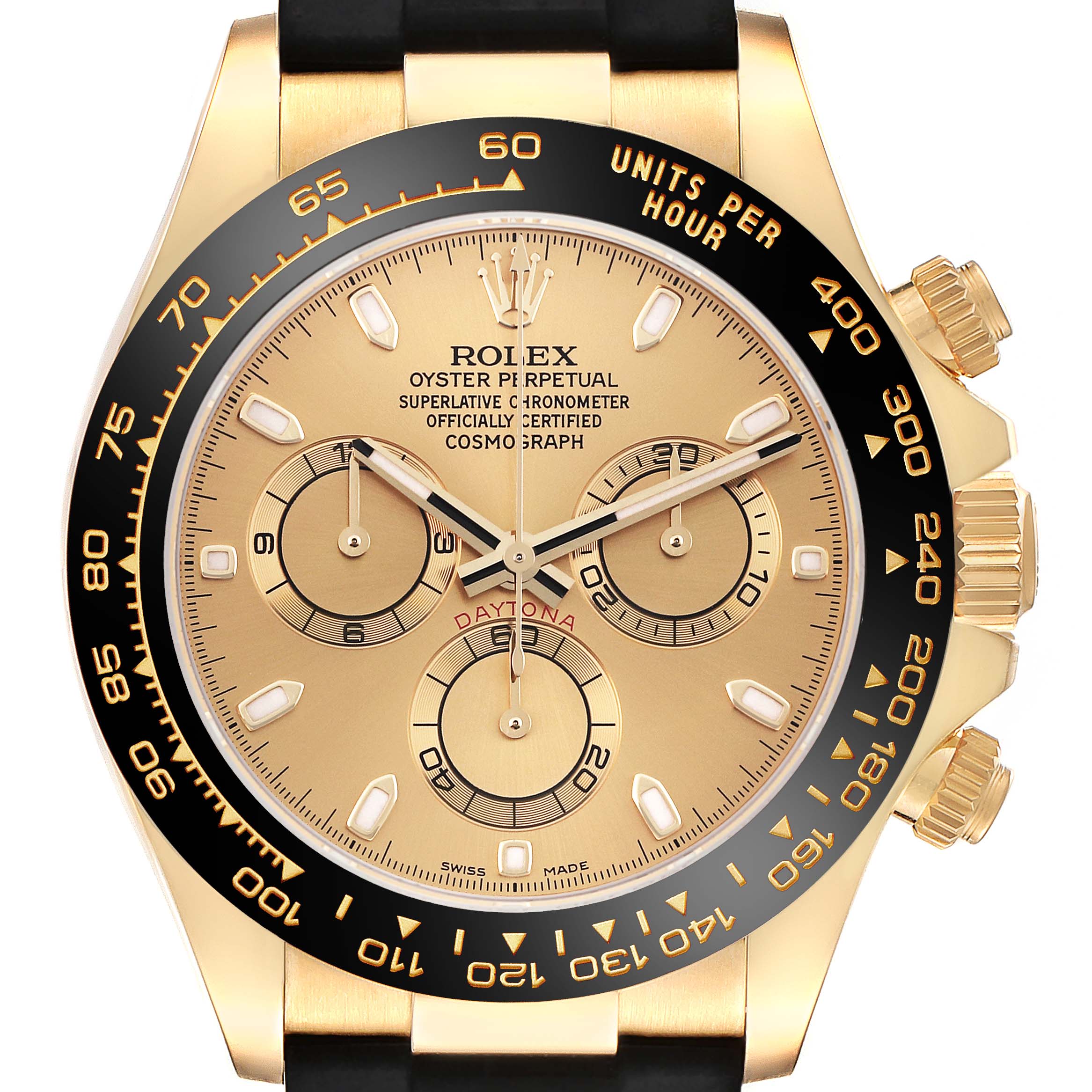 The image shows a close-up front view of the Rolex Daytona 116518LN Men's Yellow Gold Champagne Dial 116518LN Men's Yellow Gold Champagne Dial watch, displaying its dial, chronograph subdials, and bezel.