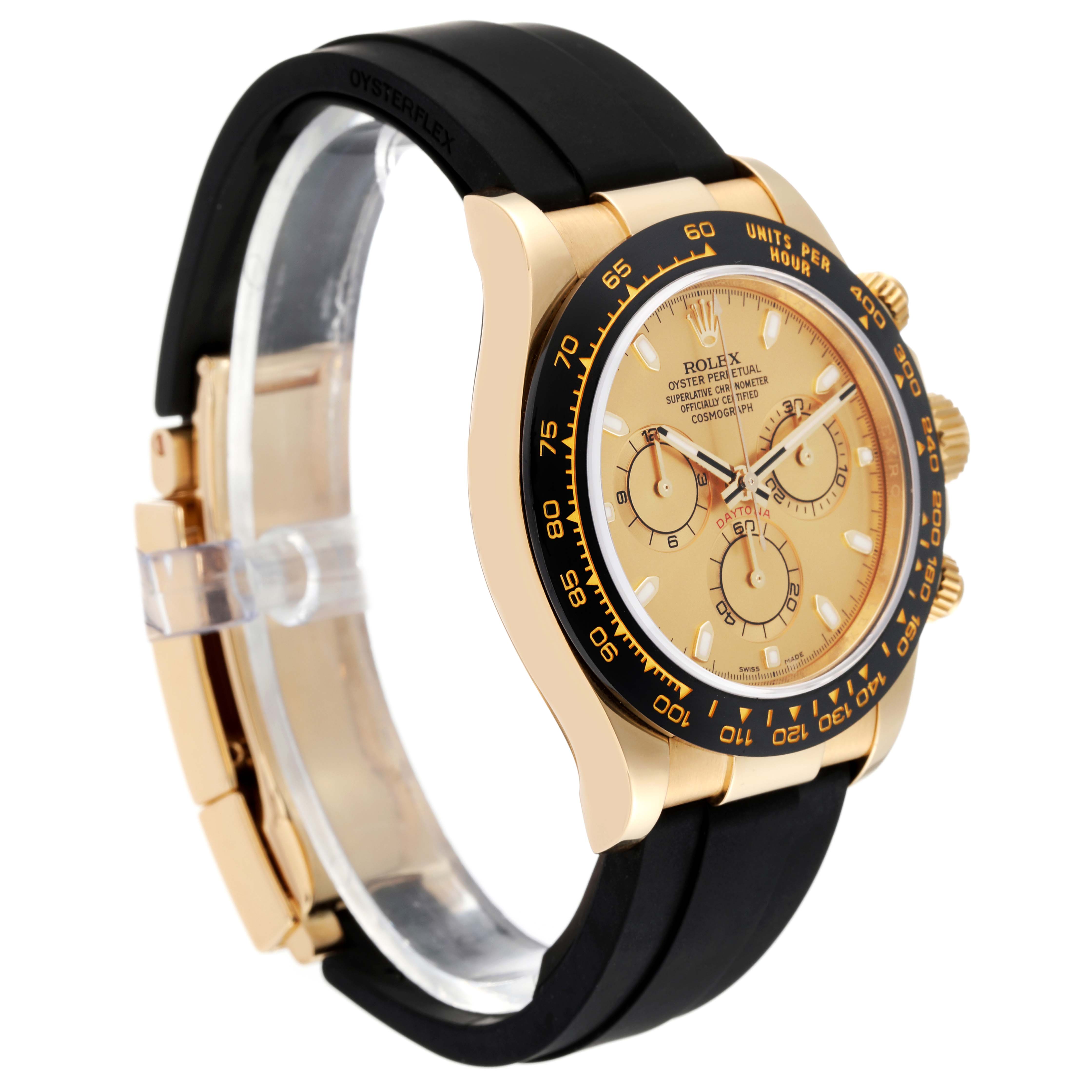 This image shows a side view of the Rolex Daytona 116518LN Men's Yellow Gold Champagne Dial 116518LN Men's Yellow Gold Champagne Dial watch, highlighting its black rubber strap, gold case, and bezel.